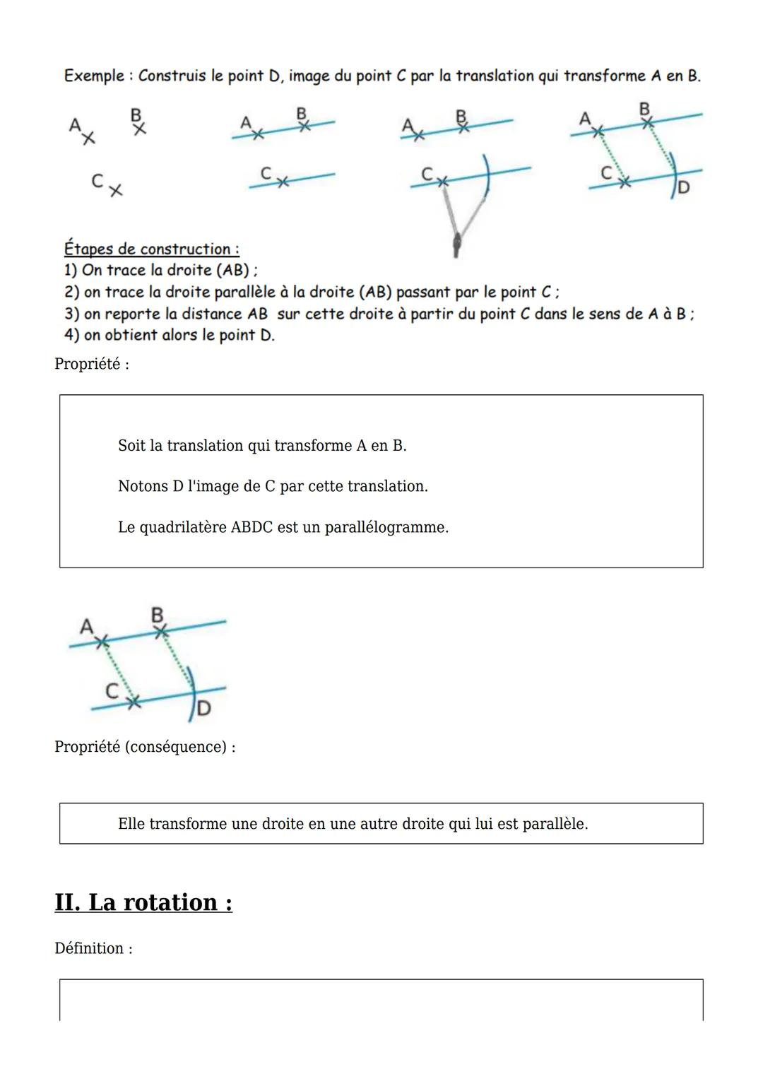 Cours de maths en 4ème
PDF
Translation et rotation
I. La translation :
Définition:
Effectuer la translation d'une figure F, c'est la dé