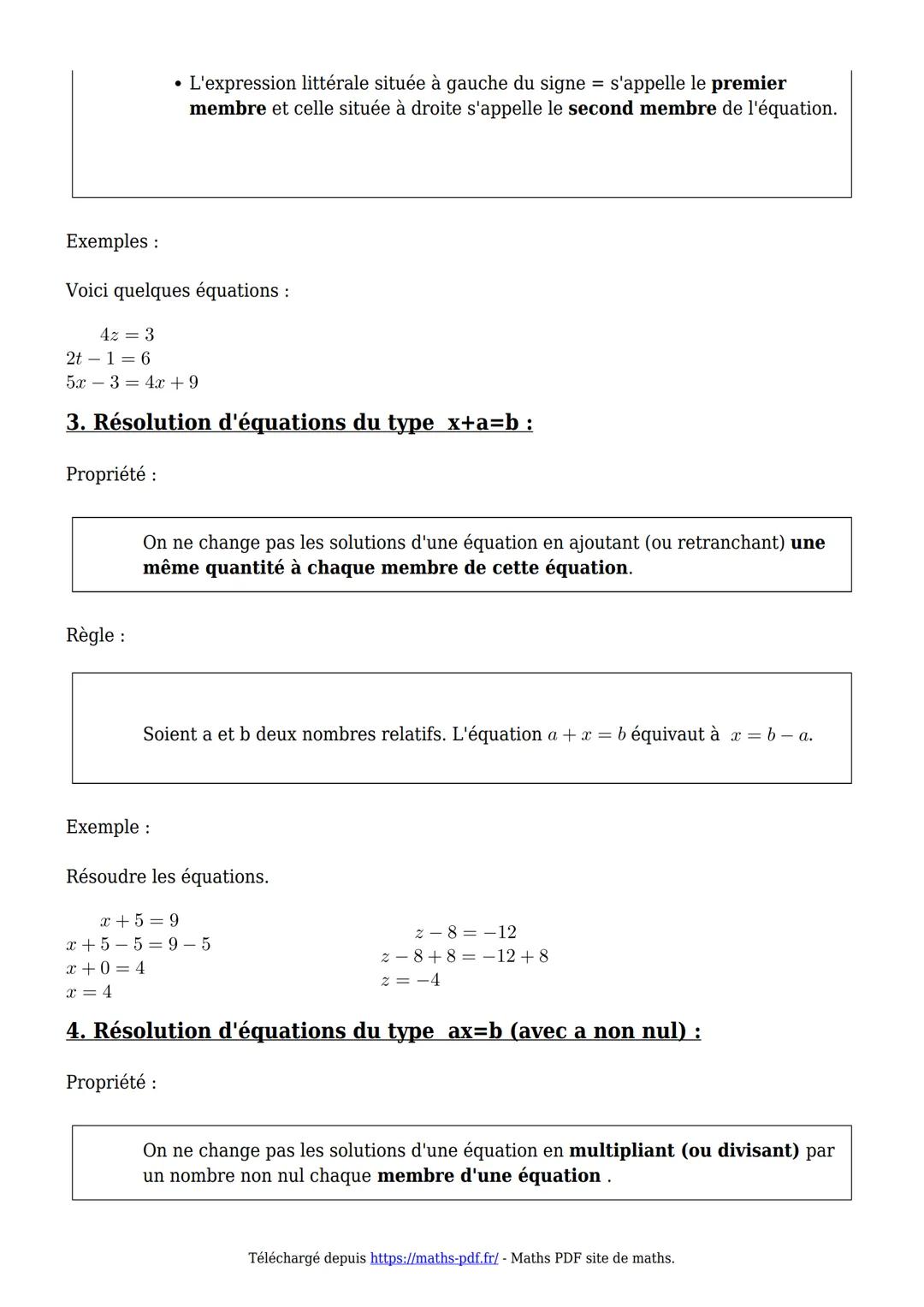 Cours de maths en 4ème
Maths-PDF
Créer telecharger Imprimeren PO
Les équations et les problèmes
Les équations du premier degré, également co