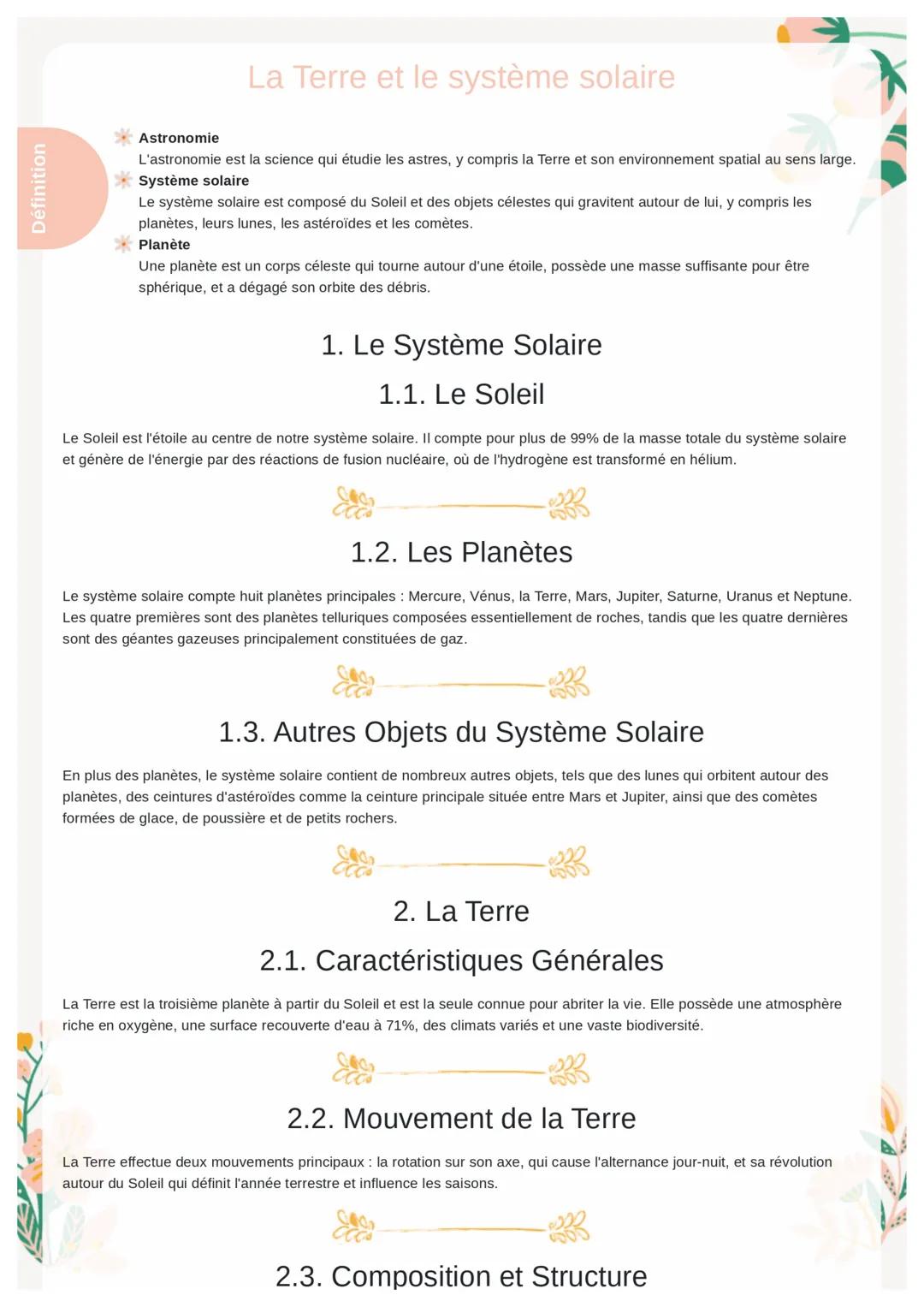 Définition
La Terre et le système solaire
Astronomie
L'astronomie est la science qui étudie les astres, y compris la Terre et son environnem