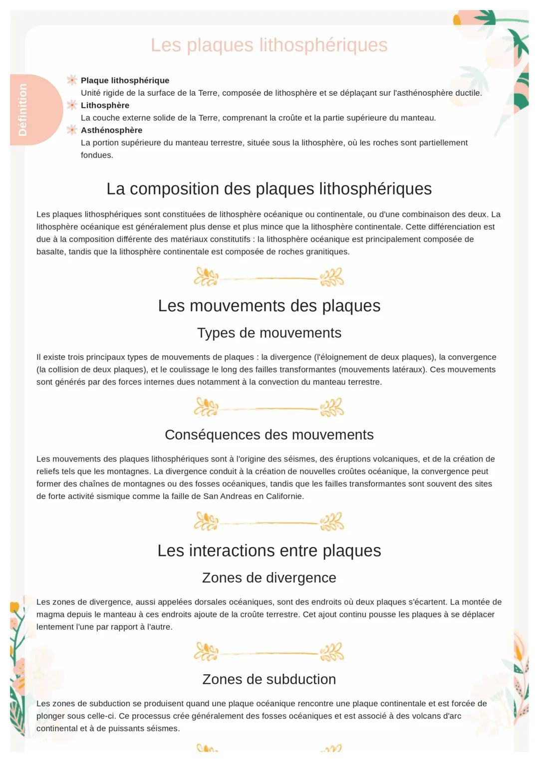 Définition
Les plaques lithosphériques
Plaque lithosphérique
Unité rigide de la surface de la Terre, composée de lithosphère et se déplaçant