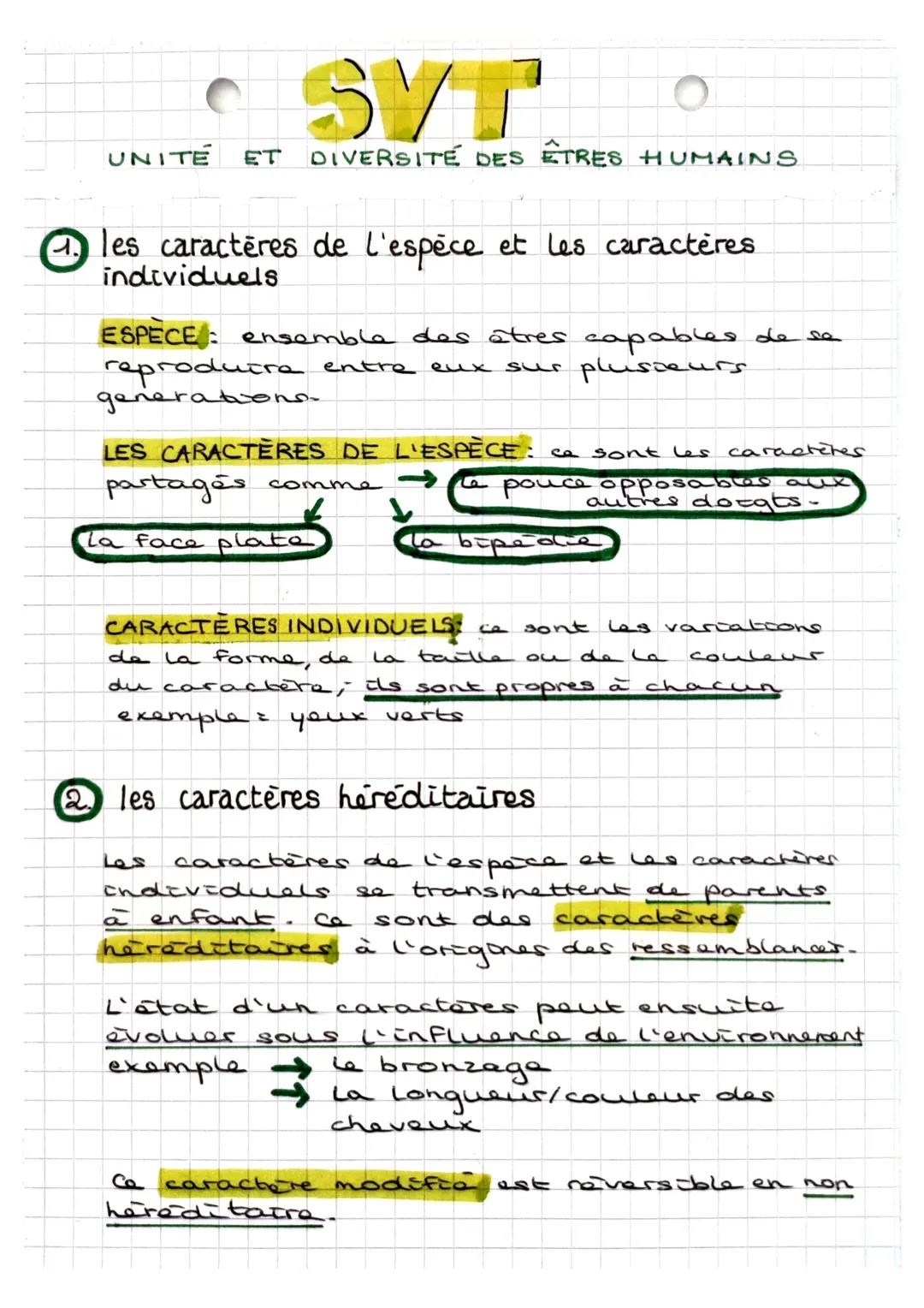 • SVT
O
UNITE ET DIVERSITÉ DES ÊTRES HUMAINS
④ les caractères de l'espèce et les caractères
individuels
ESPECE: ensemble des êtres capables