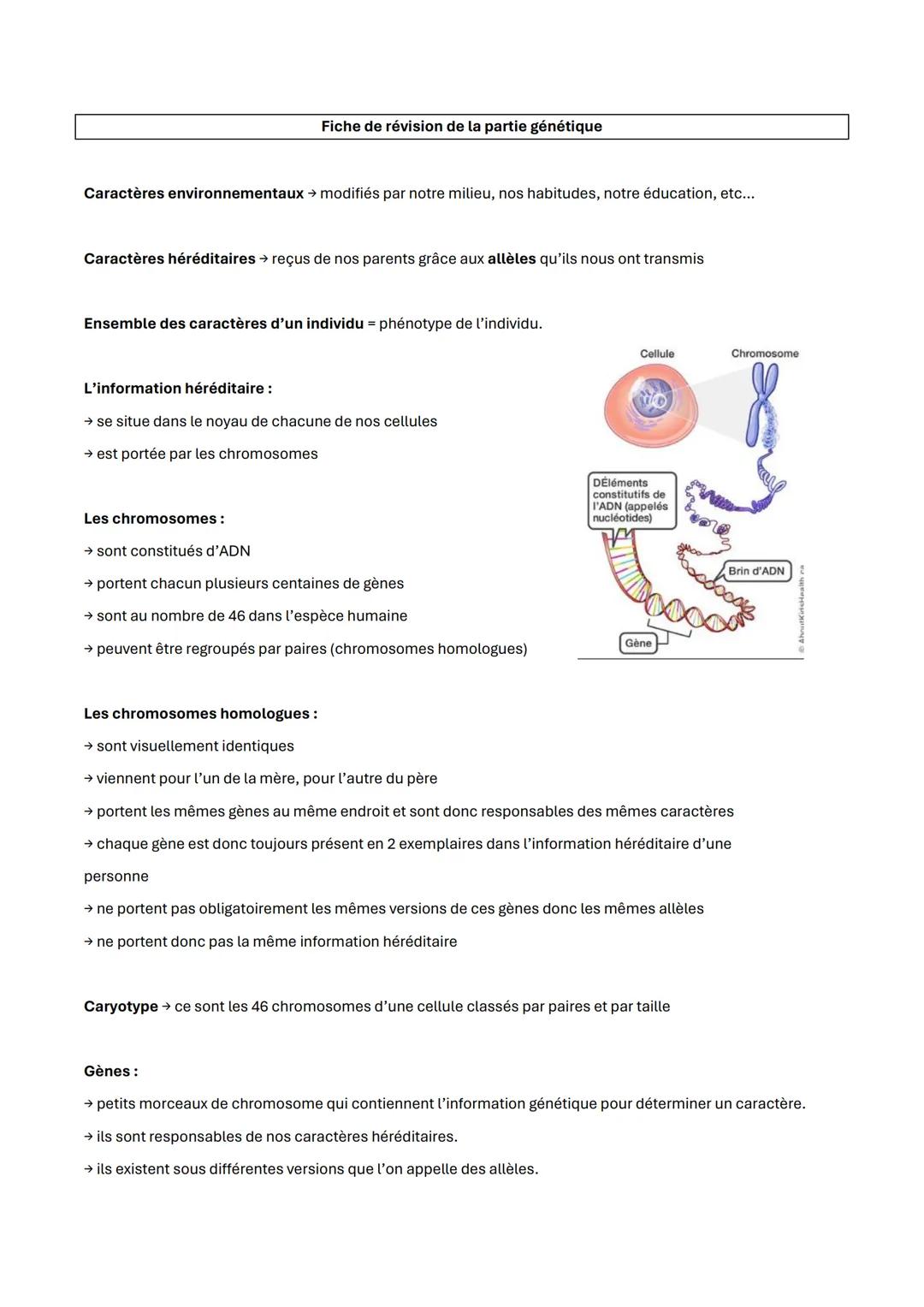 Fiche de révision de la partie génétique
Caractères environnementaux → modifiés par notre milieu, nos habitudes, notre éducation, etc...
C