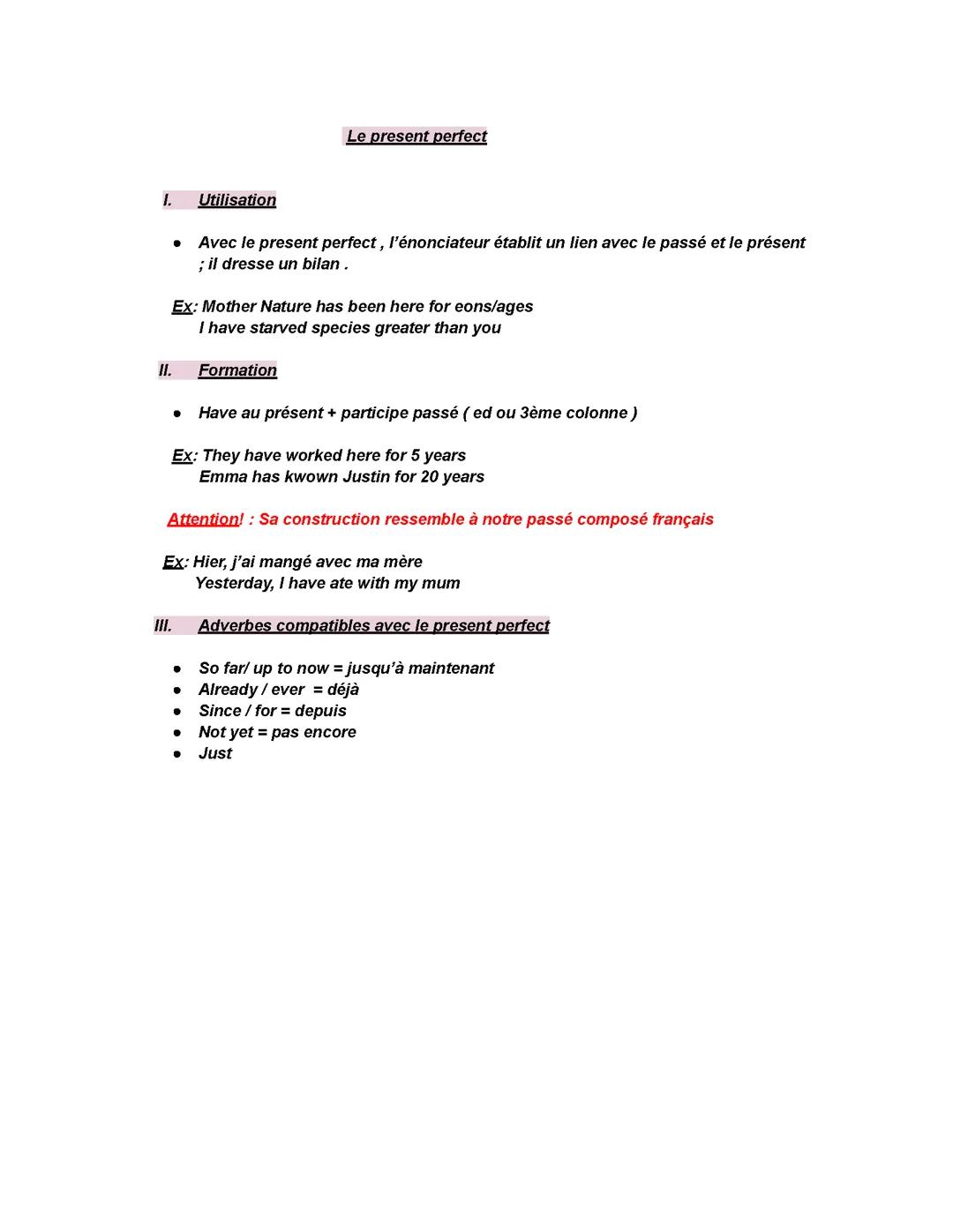 Leçon d’anglais sur le présent perfect