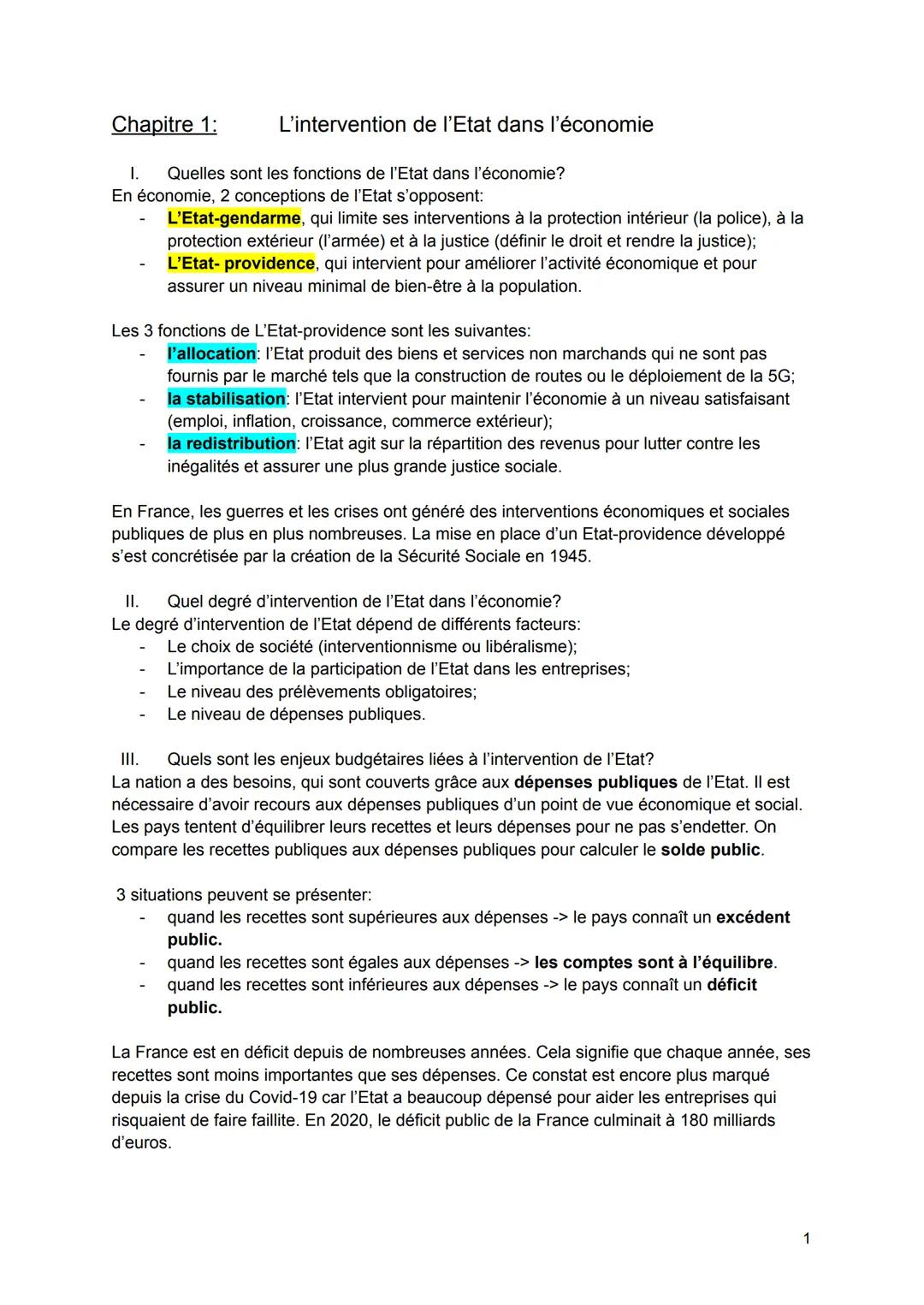 Chapitre 1:
L'intervention de l'Etat dans l'économie
1. Quelles sont les fonctions de l'Etat dans l'économie?
En économie, 2 conceptions de