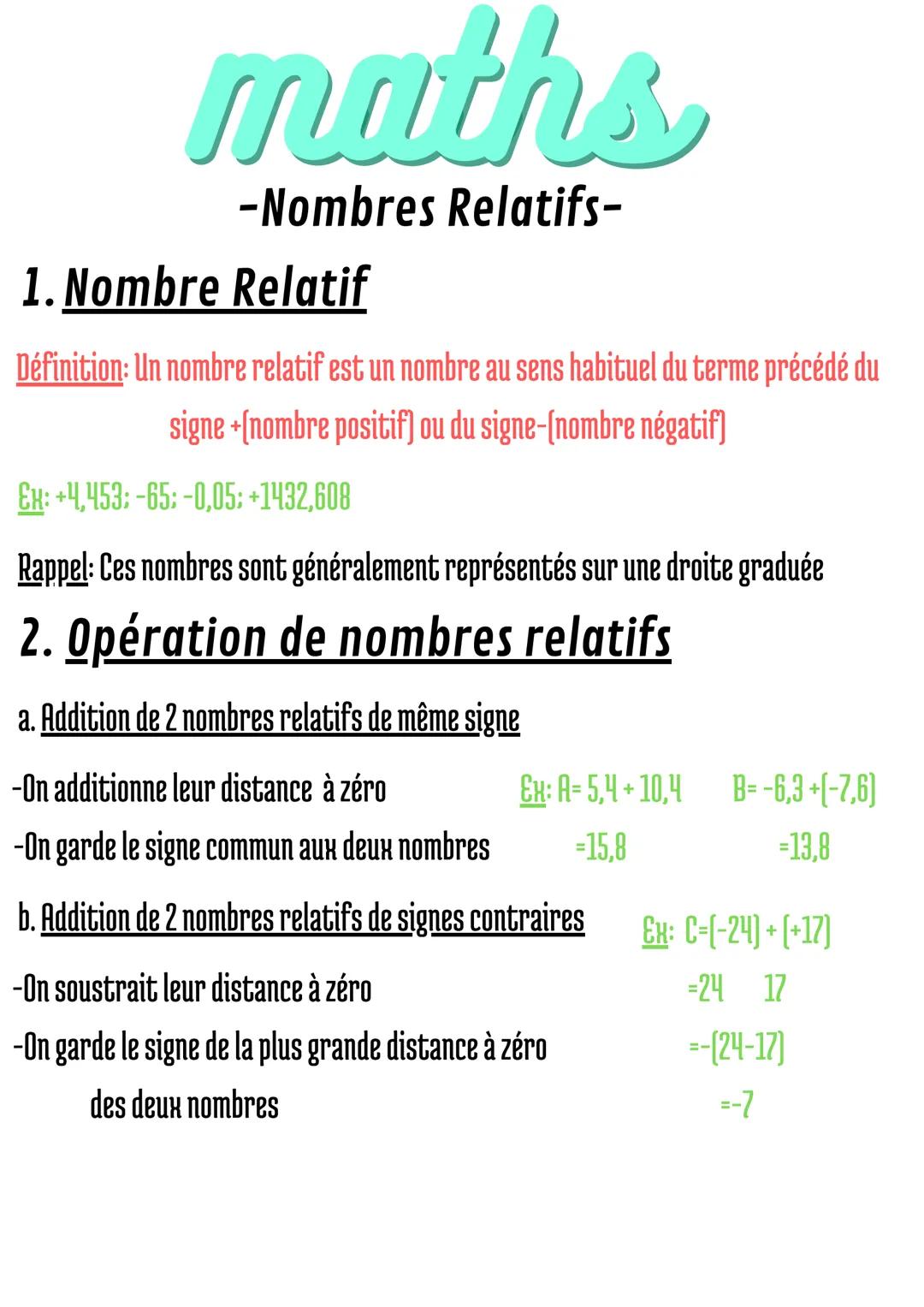 # maths
-Nombres Relatifs-
1. Nombre Relatif
Définition: Un nombre relatif est un nombre au sens habituel du terme précédé du
signe +(nom