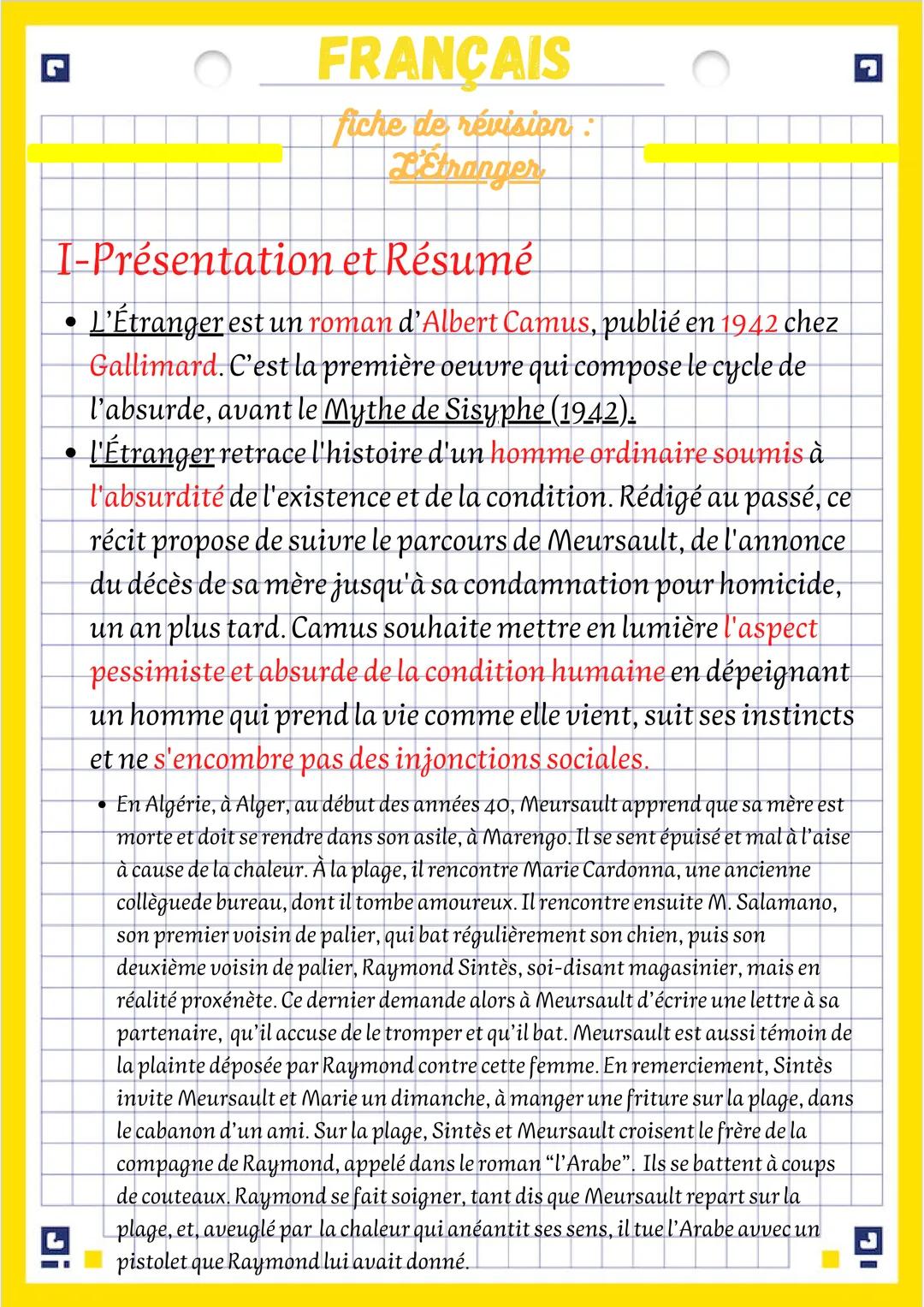 # FRANÇAIS
fiche de révision:
LÉtranger
I-Présentation et Résumé
• L'Étranger est un roman d'Albert Camus, publié en 1942 chez
Gallimard.