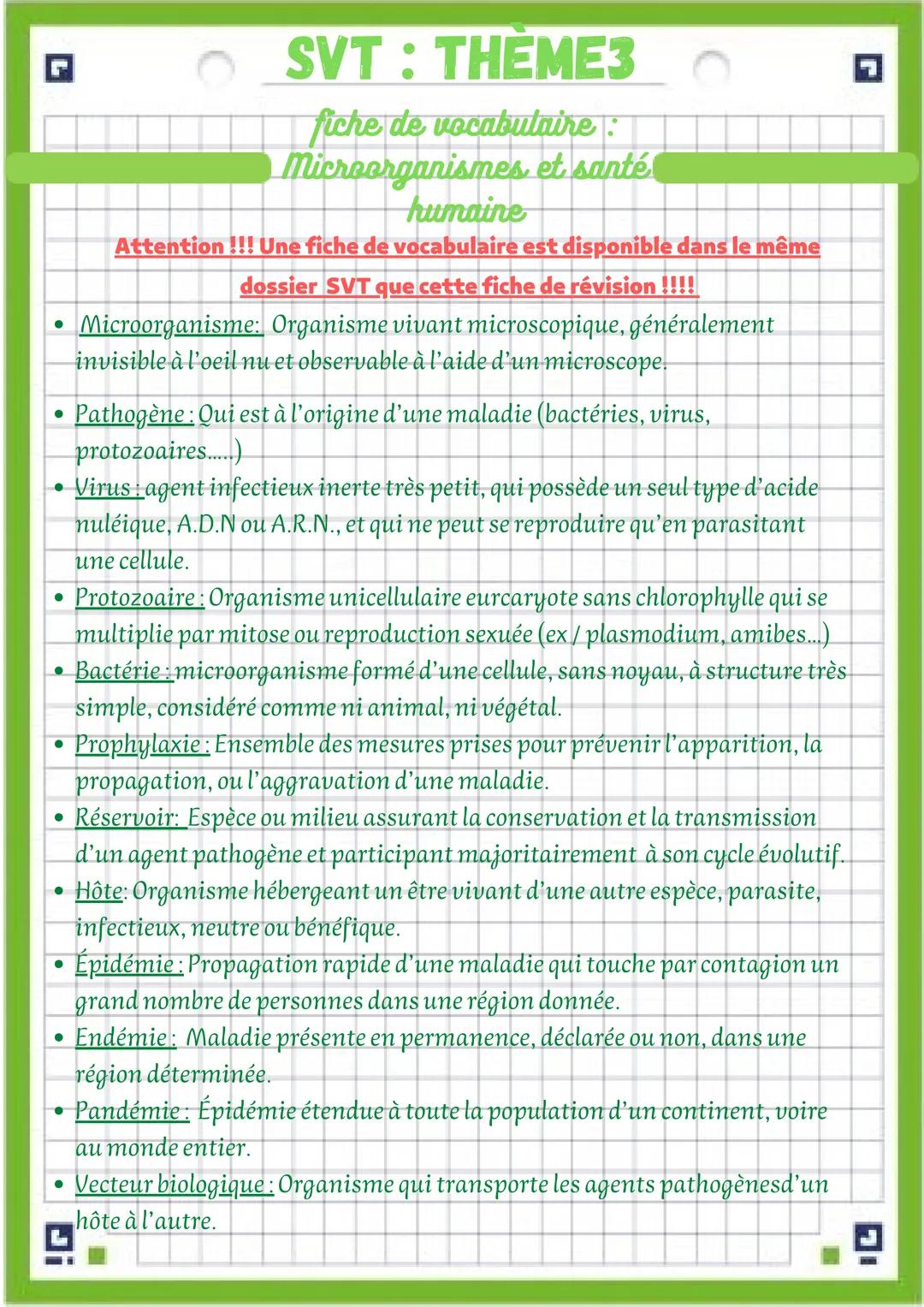 # SVT: THEME3
fiche de vocabulaire :
Microorganismes et santé
humaine
Attention !!! Une fiche de vocabulaire est disponible dans le même
d
