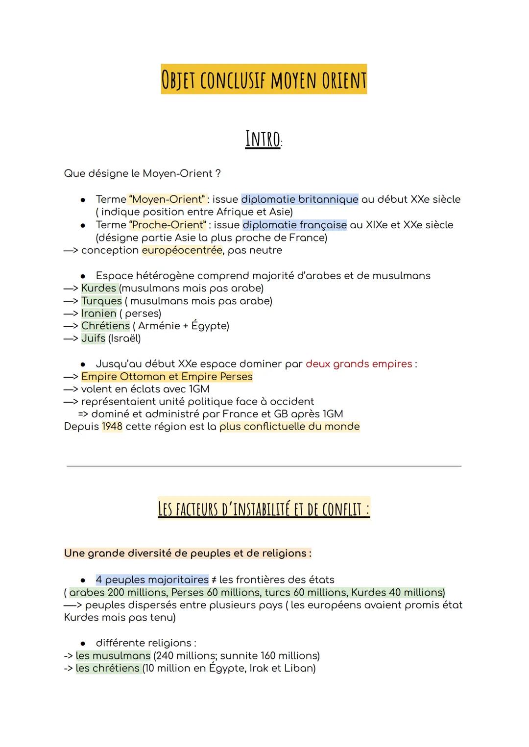 OBJET CONCLUSIF MOYEN ORIENT
INTRO:
Que désigne le Moyen-Orient?
Terme "Moyen-Orient": issue diplomatie britannique au début XXe siècle
(ind