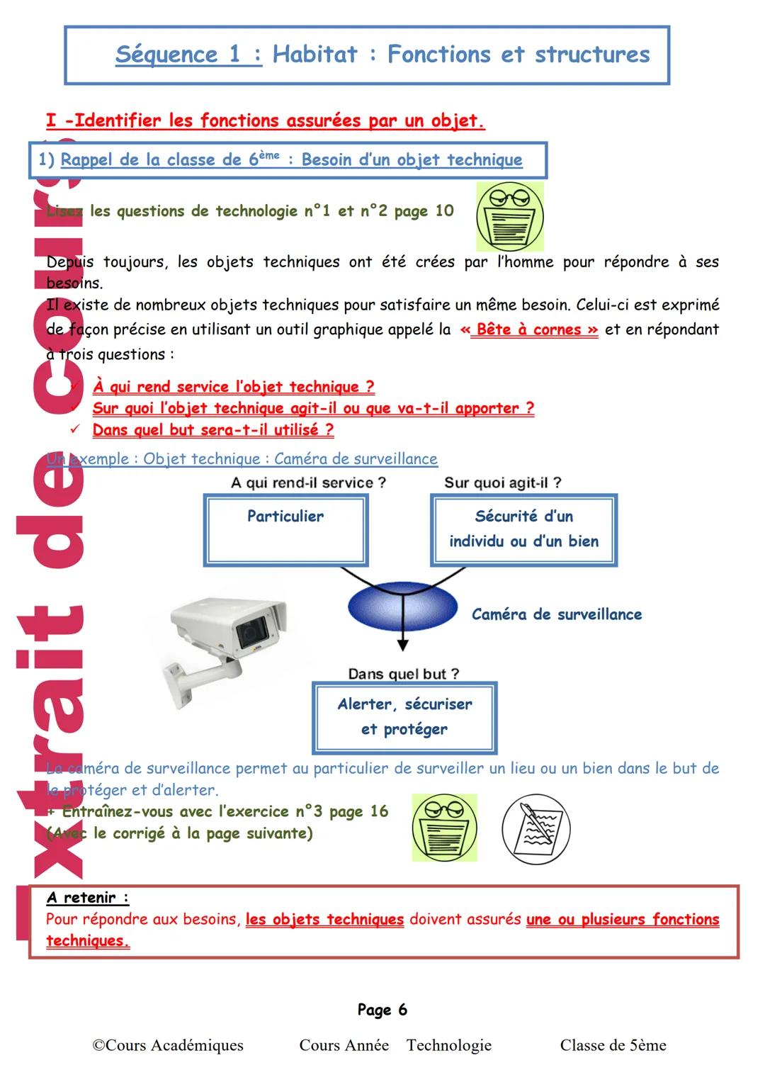 Séquence 1: Habitat: Fonctions et structures
I-Identifier les fonctions assurées par un objet.
1) Rappel de la classe de 6ème : Besoin d'un