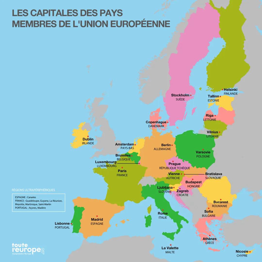 LES CAPITALES DES PAYS
MEMBRES DE L'UNION EUROPÉENNE
RÉGIONS ULTRAPÉRIPHÉRIQUES
ESPAGNE : Canaries
FRANCE: Guadeloupe, Guyane, La Réunion,
M