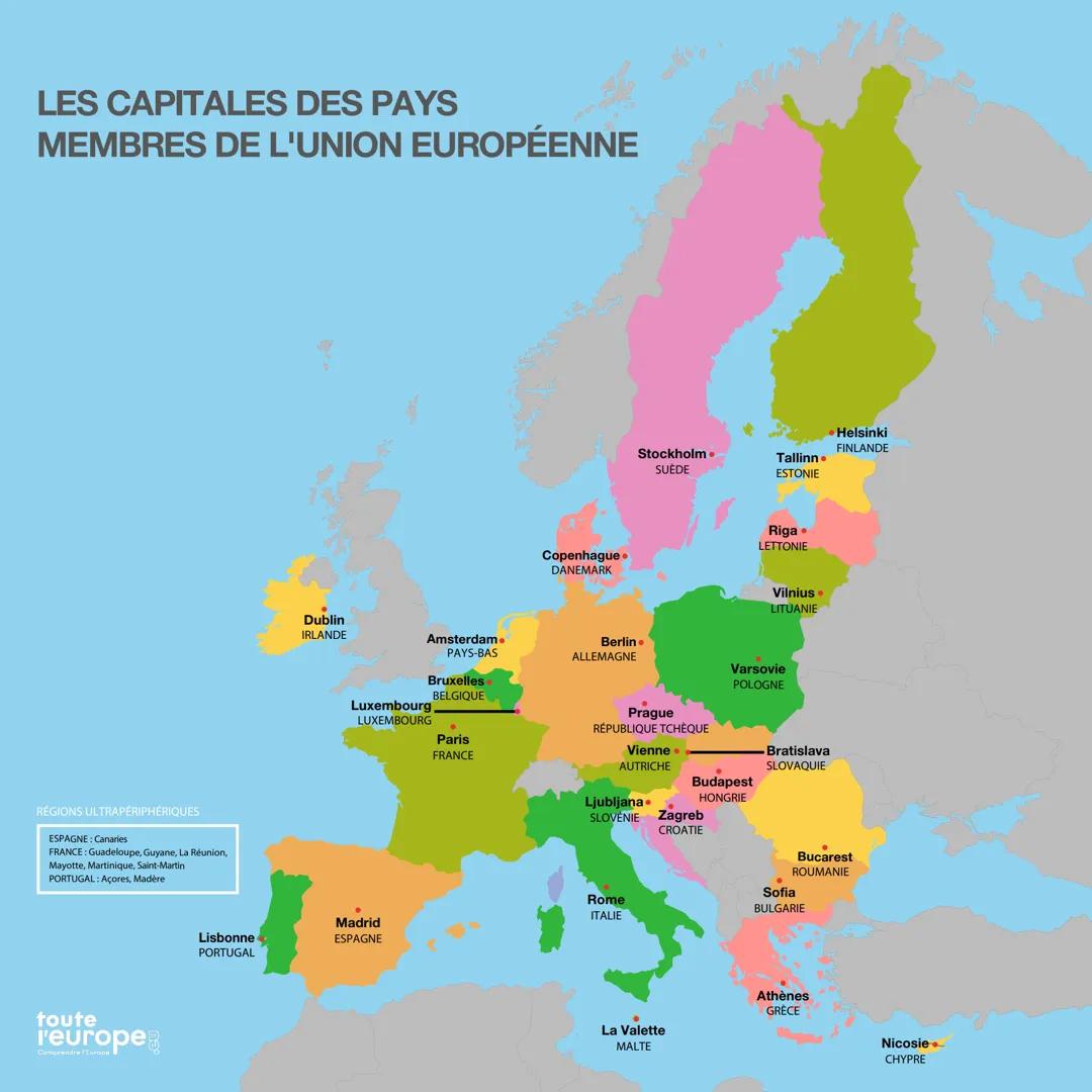 LES CAPITALES DES PAYS
MEMBRES DE L'UNION EUROPÉENNE
RÉGIONS ULTRAPÉRIPHÉRIQUES
ESPAGNE : Canaries
FRANCE: Guadeloupe, Guyane, La Réunion,
M