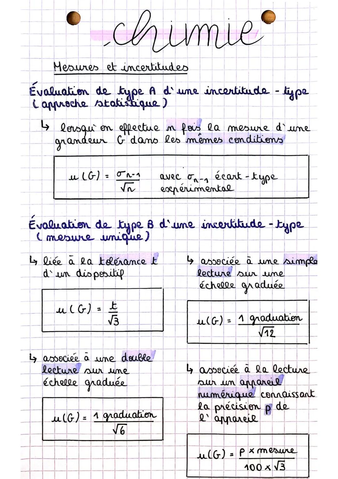• chimieⓇ
Mesures et incertitudes.
Évaluation de type A d'une incertitude - type
Capproche statistique)
↳ lorsqu'
on effectue n fois la mesu