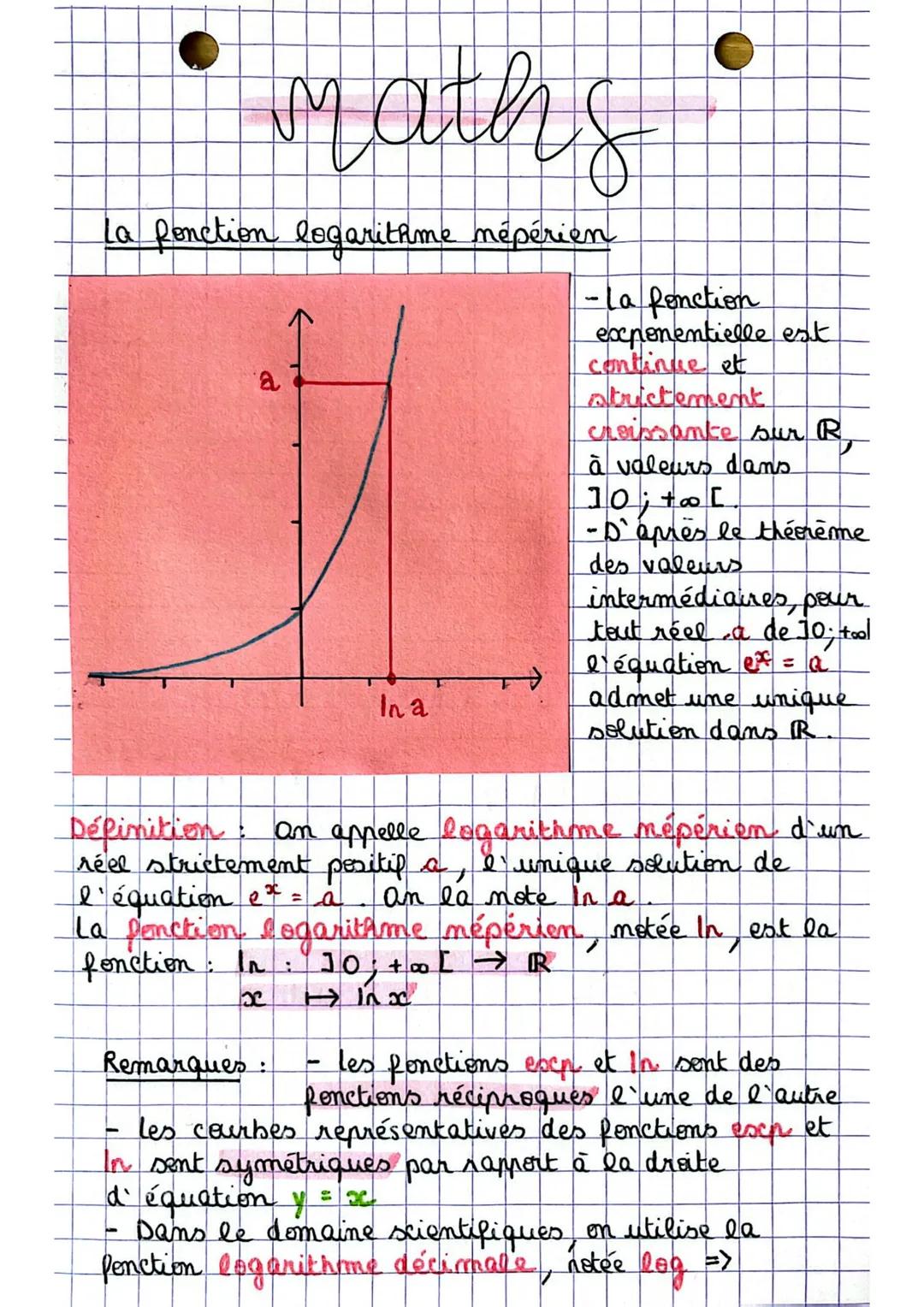 # maths
La fonction logarithme mépérien
a
→
In a
- La fonction
exponentielle est
continue et
strictement
croissante sur R
à valeurs dan