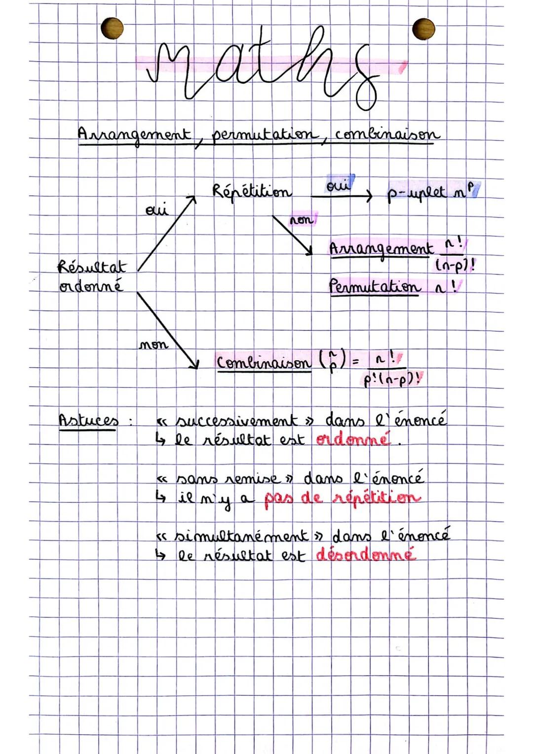 # maths
Arrangement, permutation, combinaison
Résultat
ordonné
Répétition
ei
non
oui
→p-uplet n
✓ Arrangement ~!
(π-ρ)!
Permutation ~!