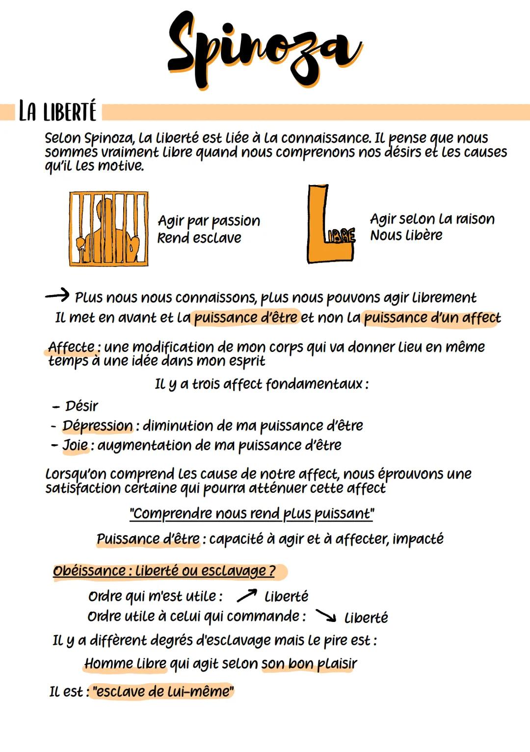 # Spinoza
# LA LIBERTÉ
Selon Spinoza, la liberté est liée à la connaissance. Il pense que nous
sommes vraiment libre quand nous comprenons