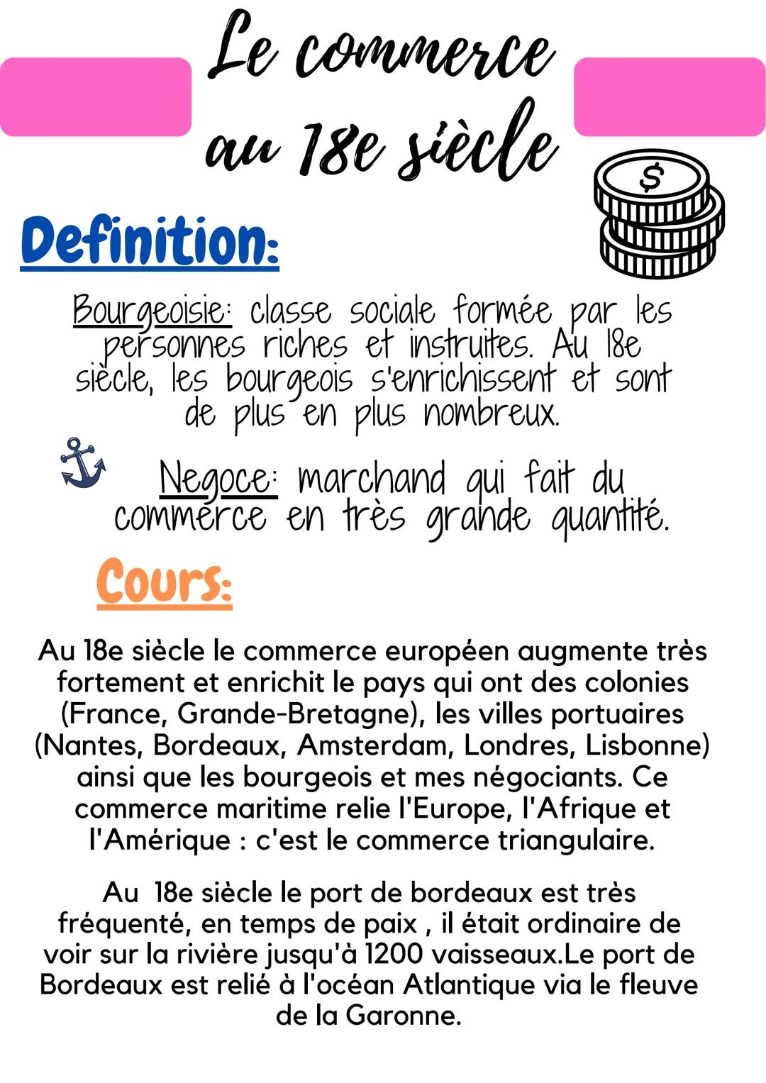 Le commerce
au 18e siècle
Definition:
$
Bourgeoisie: classe sociale formée par les
personnes riches et instruites. Au 18e
siècle, les bourge