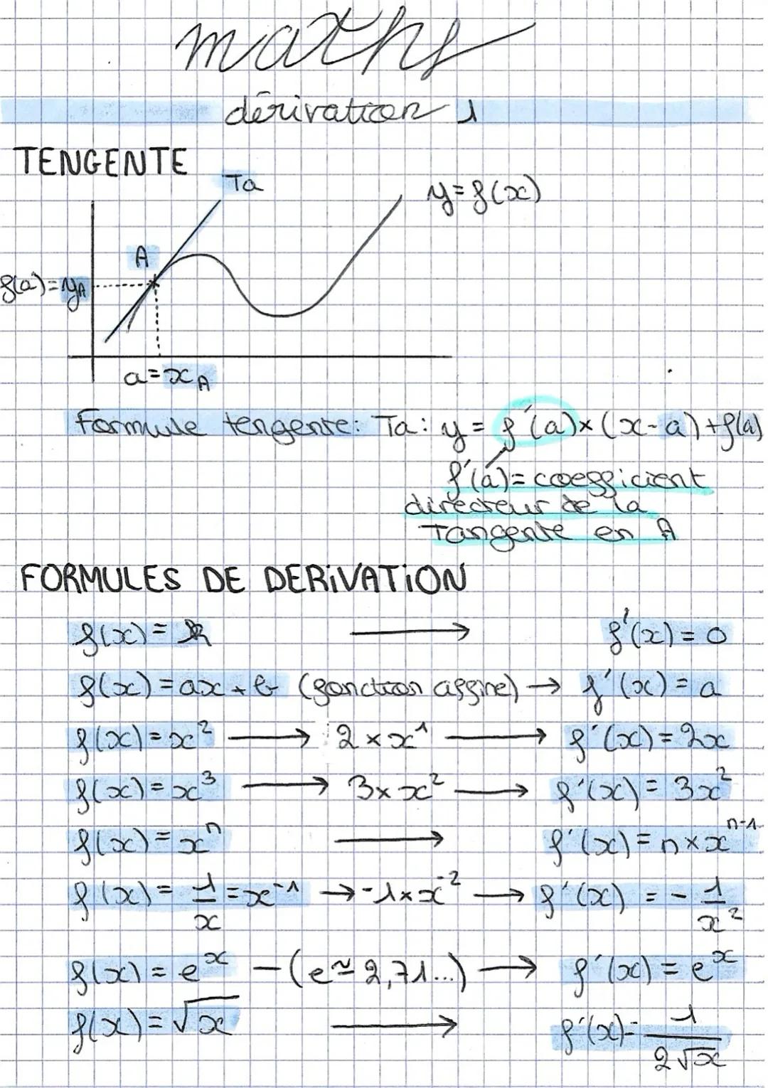 maths
dérivation
TENGENTE
Ta
y=8(x)
8(a)=nYA/
A
a=XA
Formule tengente: Ta: y = }
(a)x(x-a) +g(a)
f(a) = coefficient
directeur de la
Tangente