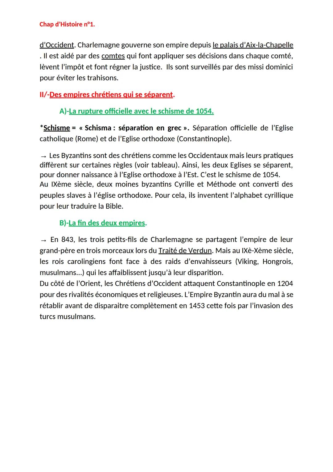 Chap d'Histoire n°1.
# Les empires Byzantin et Carolingien
*Problématique: -Comment sont nés et se sont étendus les empires Byzantin
et Ca