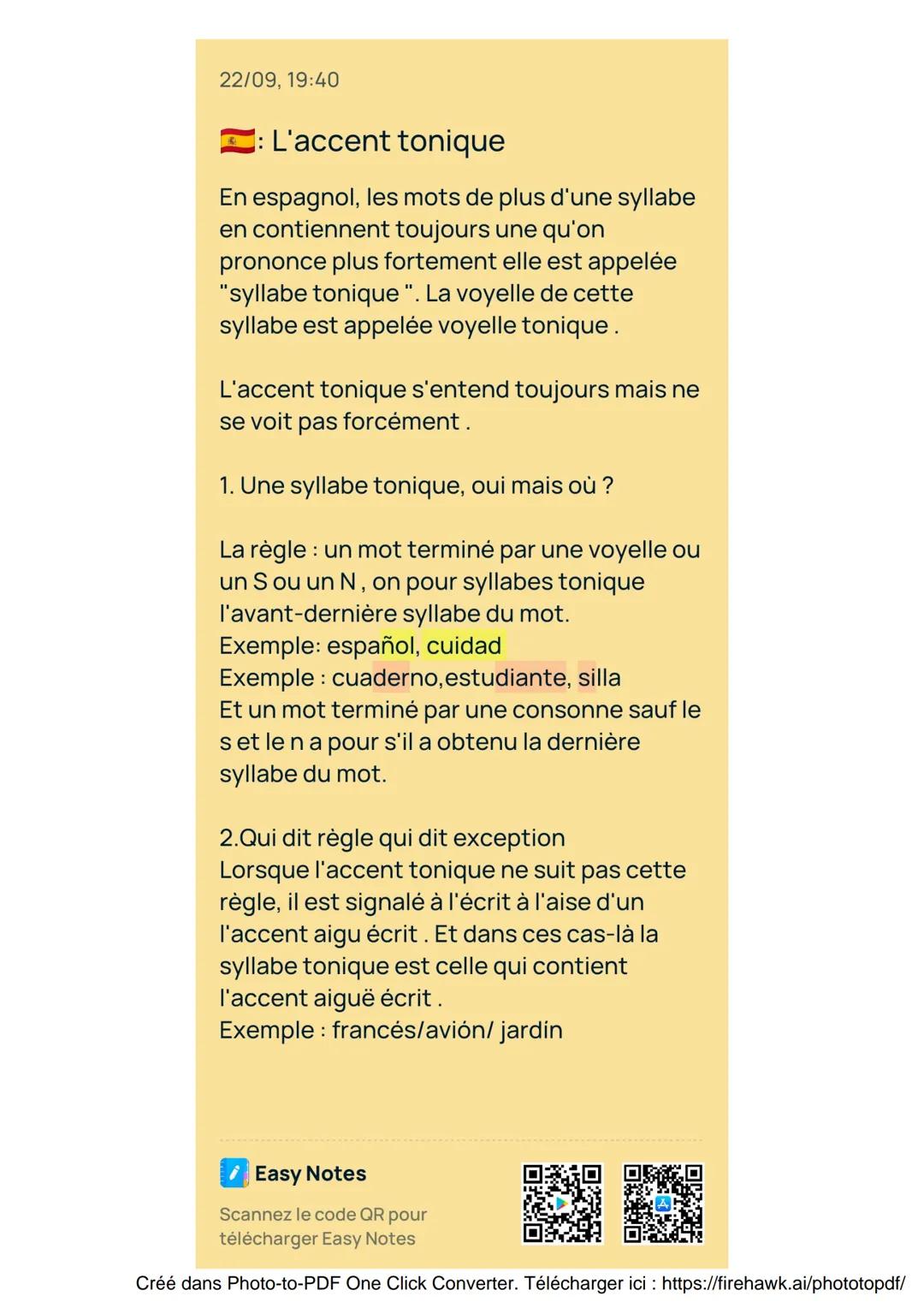 22/09, 19:40
L'accent tonique
En espagnol, les mots de plus d'une syllabe
en contiennent toujours une qu'on
prononce plus fortement elle est