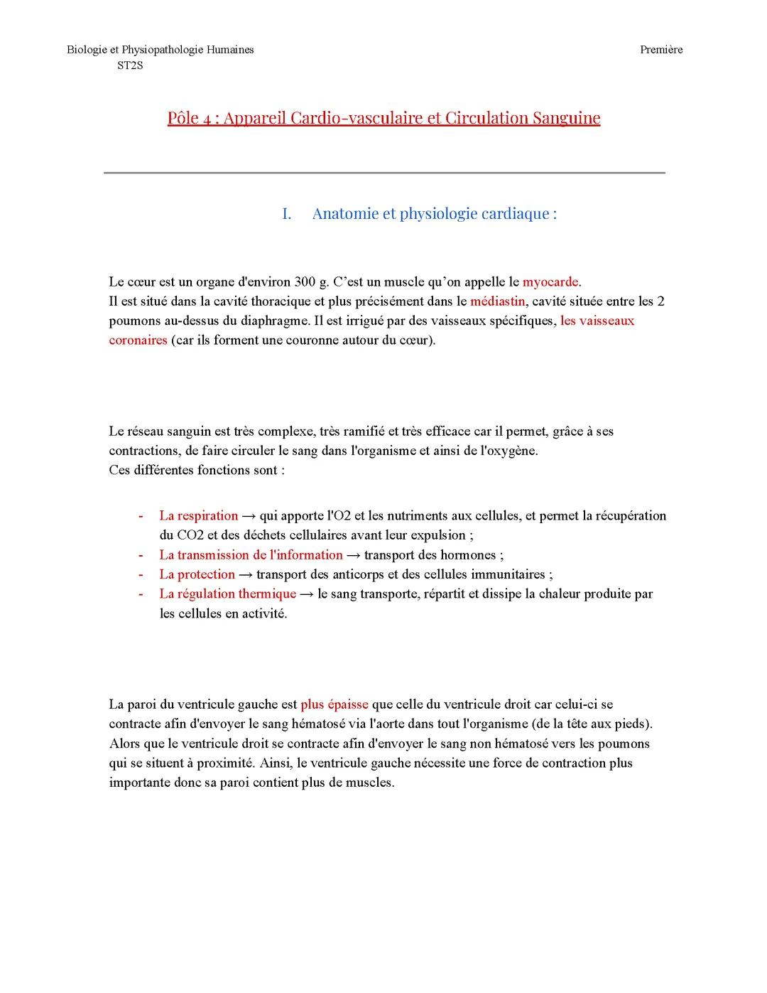 1ST2S - BPH - Pole 4 Appareil Cardio-vasculaire et circulation sanguine