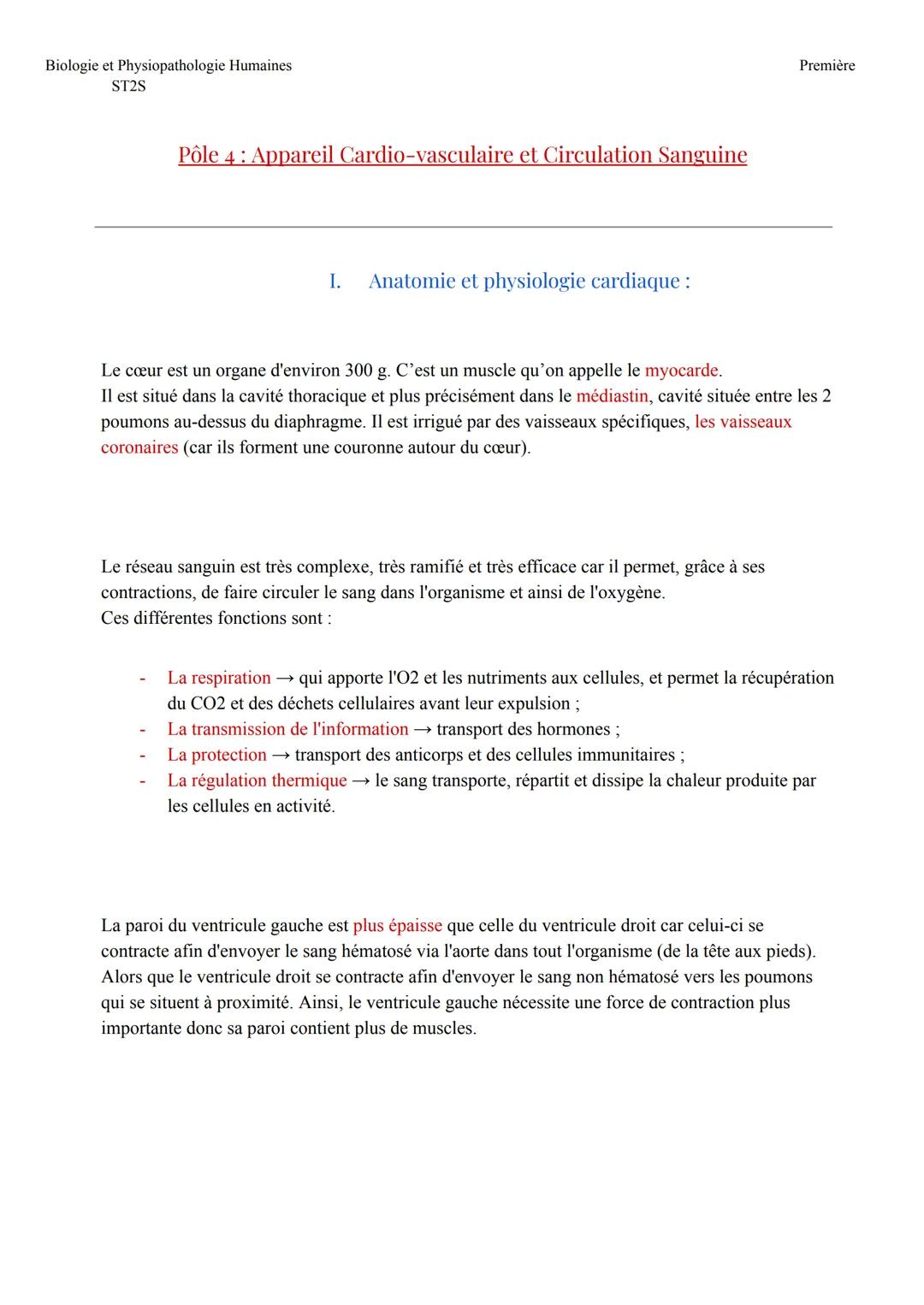 Biologie et Physiopathologie Humaines
ST2S
Pôle 4: Appareil Cardio-vasculaire et Circulation Sanguine
I. Anatomie et physiologie cardiaque :