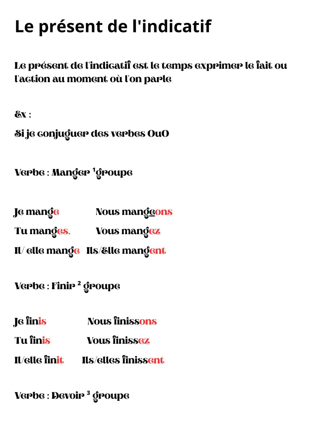 # Le présent de l'indicatif
Le présent de l'indicatif est le temps exprimer le fait ou
l'action au moment où l'on parle
Ex:
Si je conjugu
