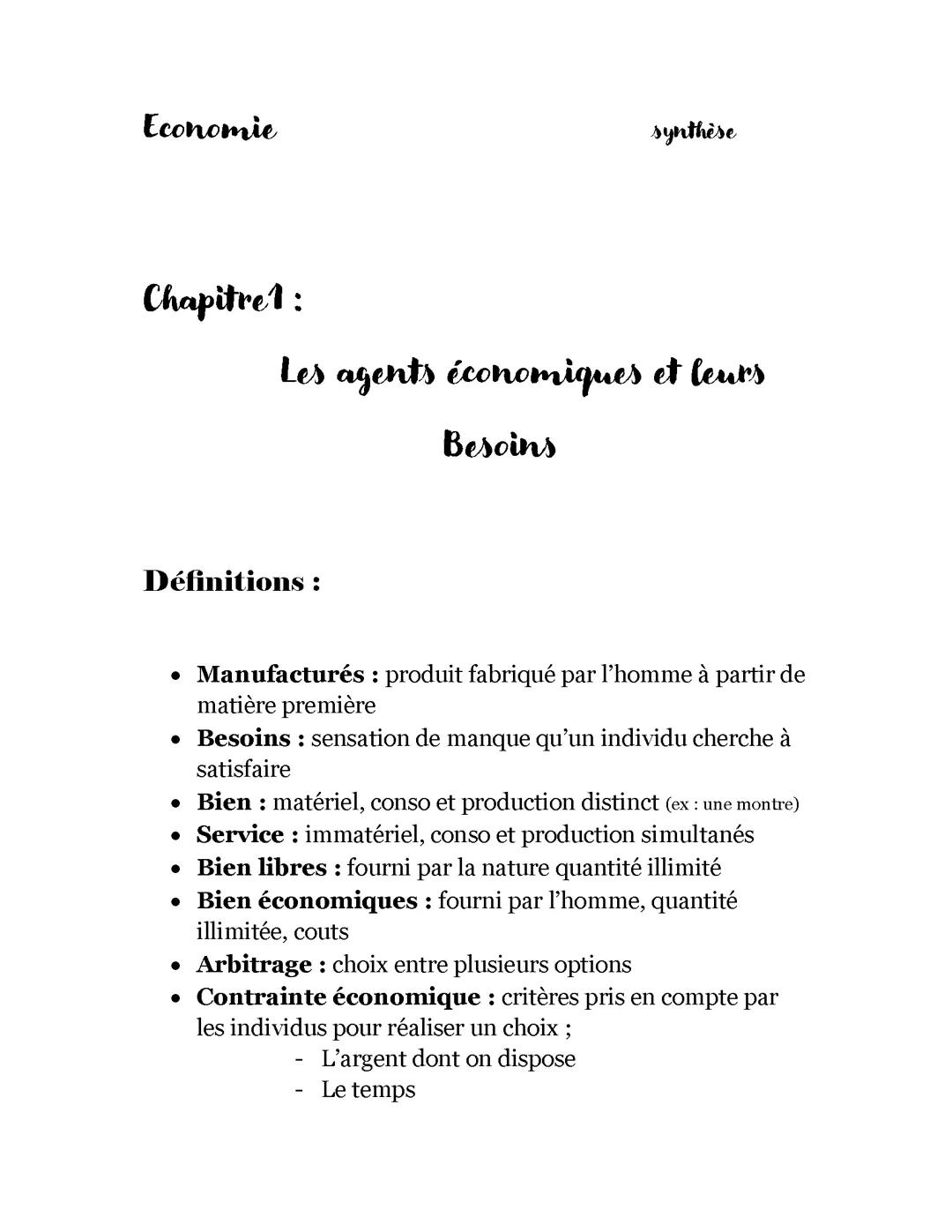 économie chapitre 1 les agents économiques et leurs besoins