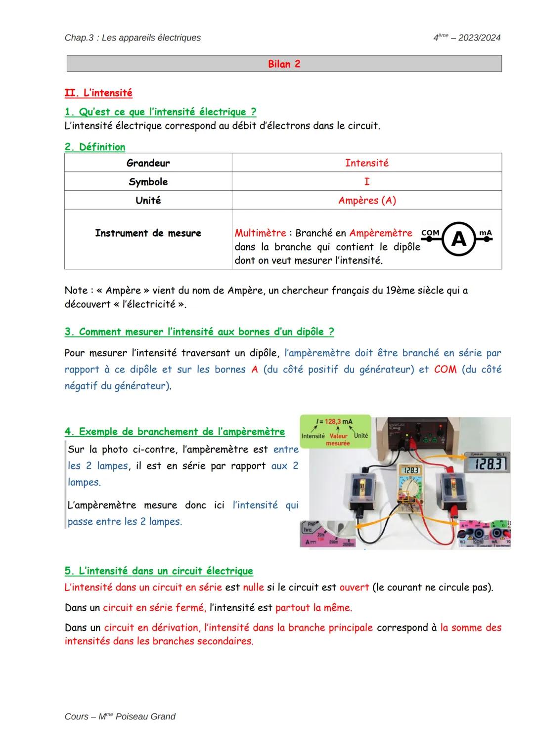 Chap.3: Les appareils électriques
Bilan 2
II. L'intensité
1. Qu'est ce que l'intensité électrique ?
L'intensité électrique correspond au