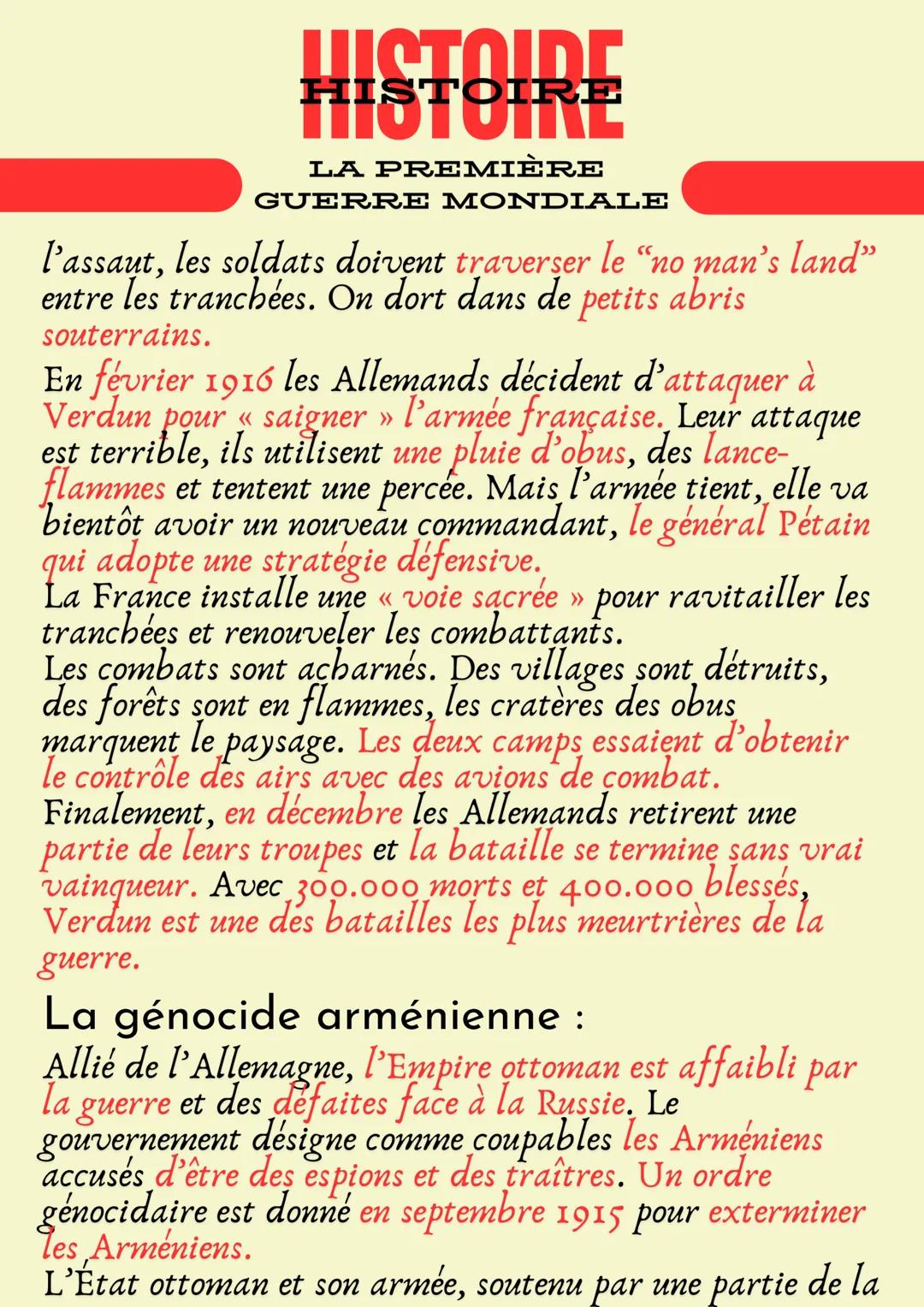 Dates:
HISTOIRE
HISTOIRE
HISTOIRE
LA PREMIÈRE
GUERRE MONDIALE
Août 1914: Début de la Guerre
Février-Décembre 1916: Bataille de Verdum
Octobr