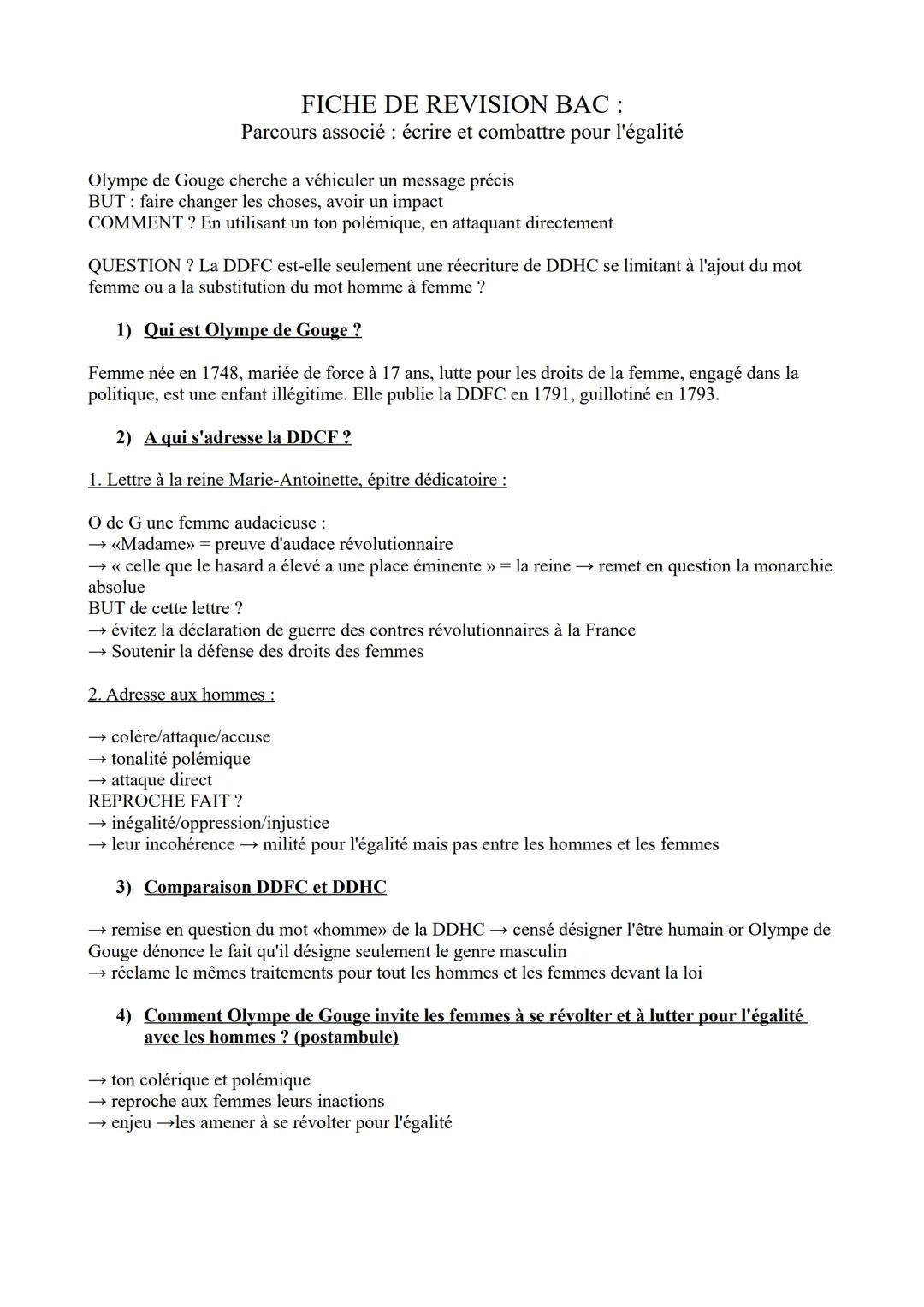# FICHE DE REVISION BAC:
Parcours associé: écrire et combattre pour l'égalité
Olympe de Gouge cherche a véhiculer un message précis
BUT: fa