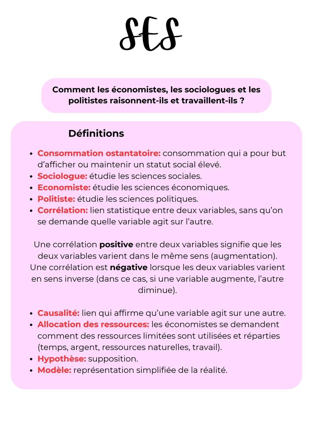 SES
Comment les économistes, les sociologues et les
politistes raisonnent-ils et travaillent-ils ?
Définitions
• Consommation ostantatoire: