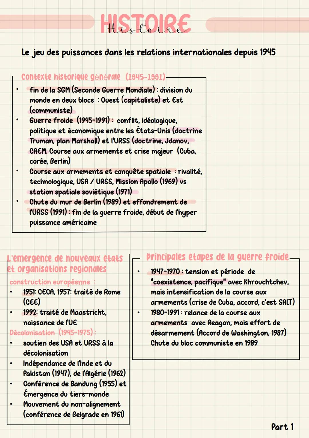 •
•
HISTOIRE
Le jeu des puissances dans les relations internationales depuis 1945
Contexte historique générale (1945-1991)-
fin de la SGM (S