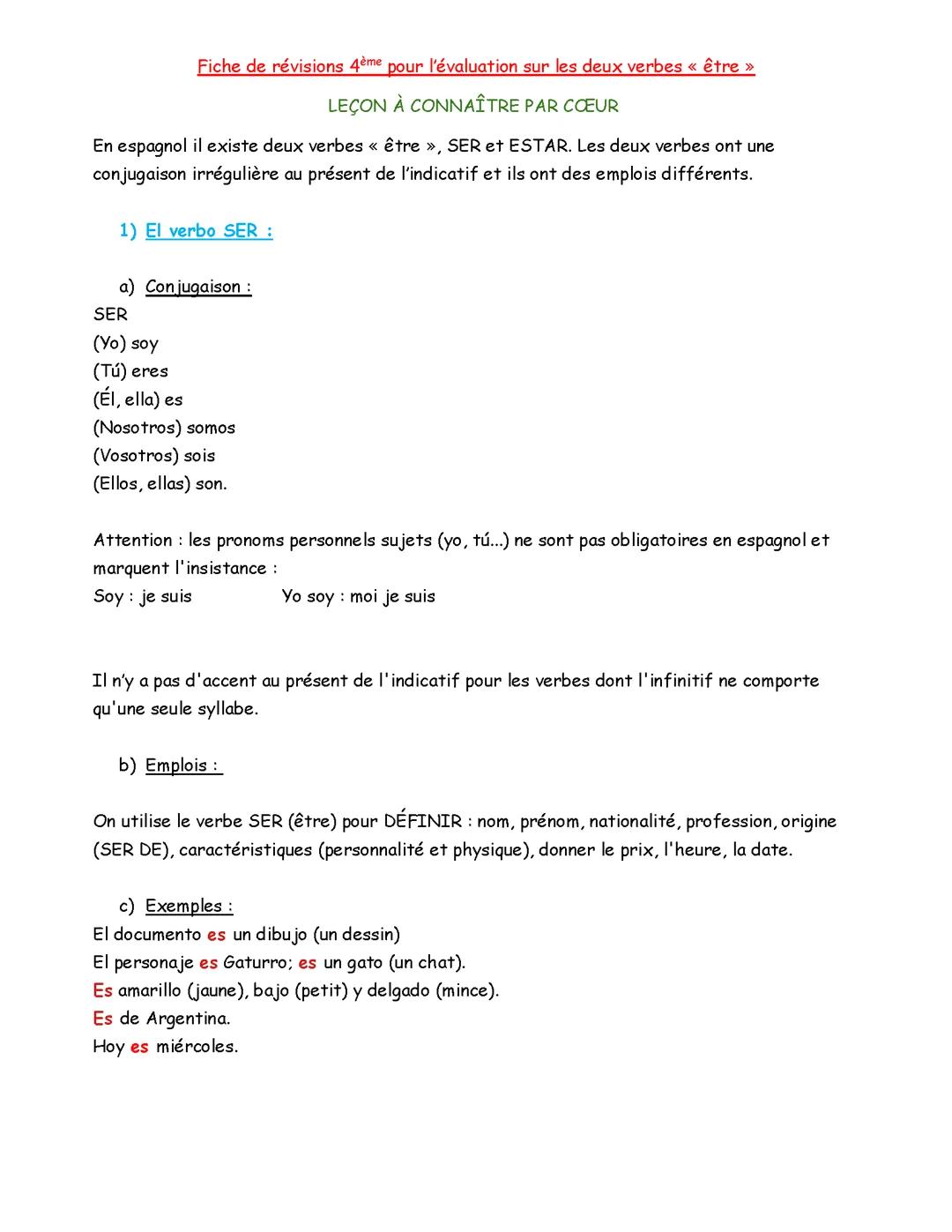 Fiche de révision espagnol Ser et Estar 4ème