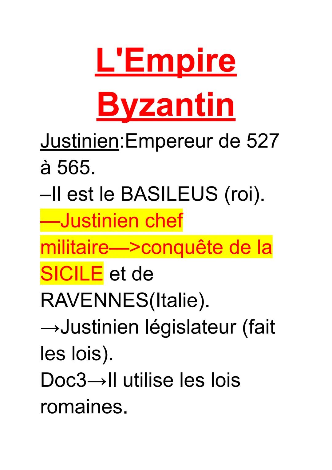 L'Empire
Byzantin
Justinien:Empereur de 527
à 565.
-Il est le BASILEUS (roi).
-Justinien chef
militaire->conquête de la
SICILE et de
RAVENNE