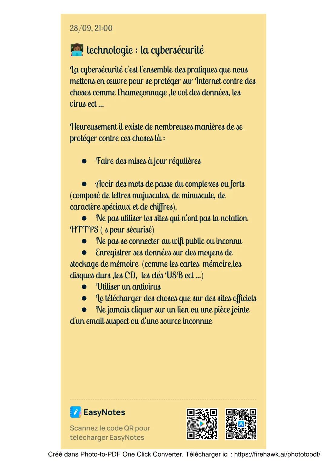 28/09, 21:00
technologie: la cybersécurité
La cybersécurité c'est l'ensemble des pratiques que nous
mettons en cewre pour se protéger sur
