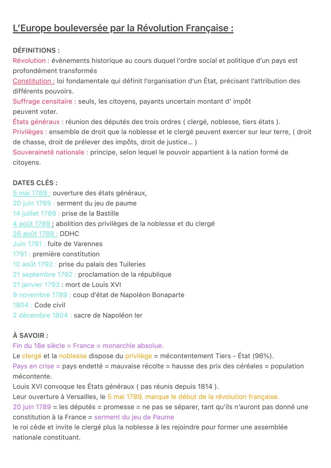 L'Europe bouleversée par la Révolution Française :
DÉFINITIONS:
Révolution : évènements historique au cours duquel l'ordre social et politiq
