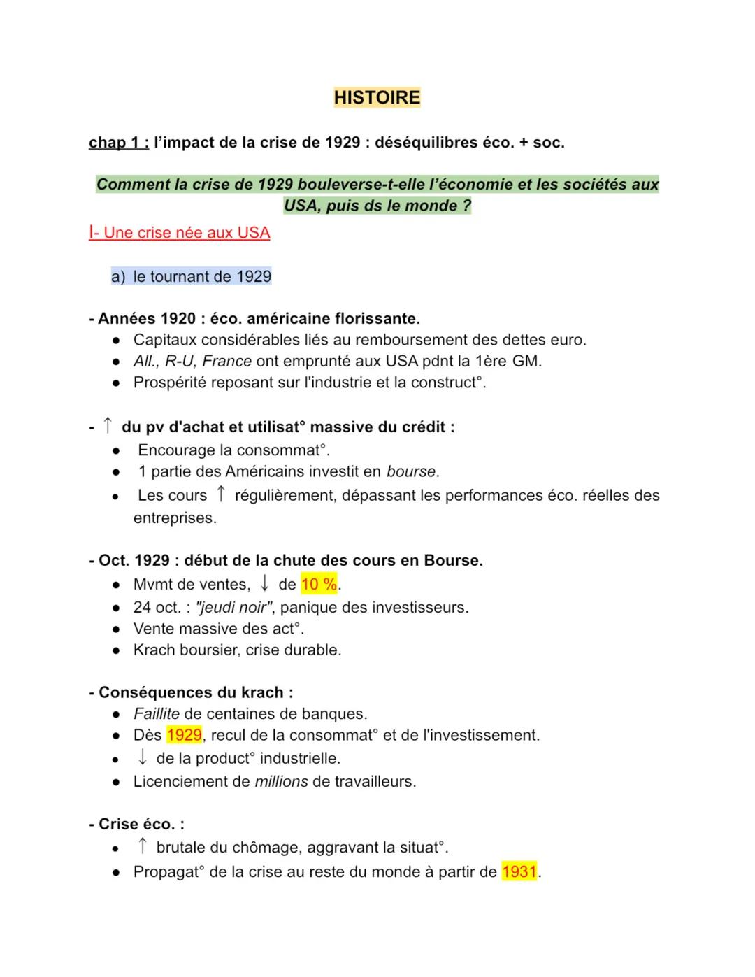 chapitre histoire : la crise de 1929