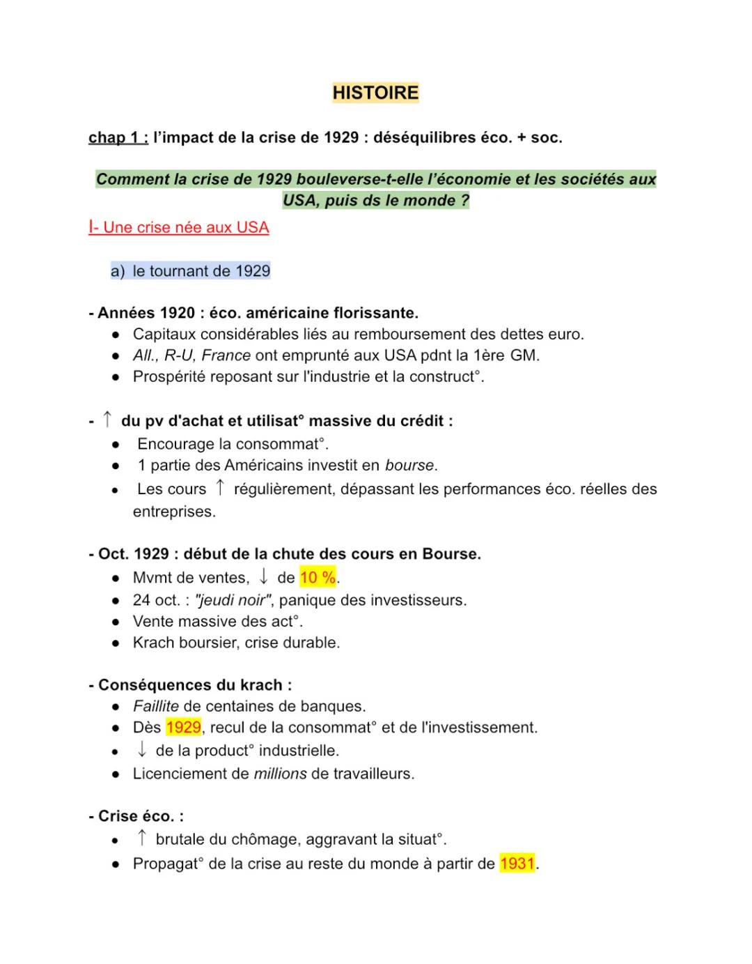 HISTOIRE
chap 1: l'impact de la crise de 1929 déséquilibres éco. + soc.
Comment la crise de 1929 bouleverse-t-elle l'économie et les société