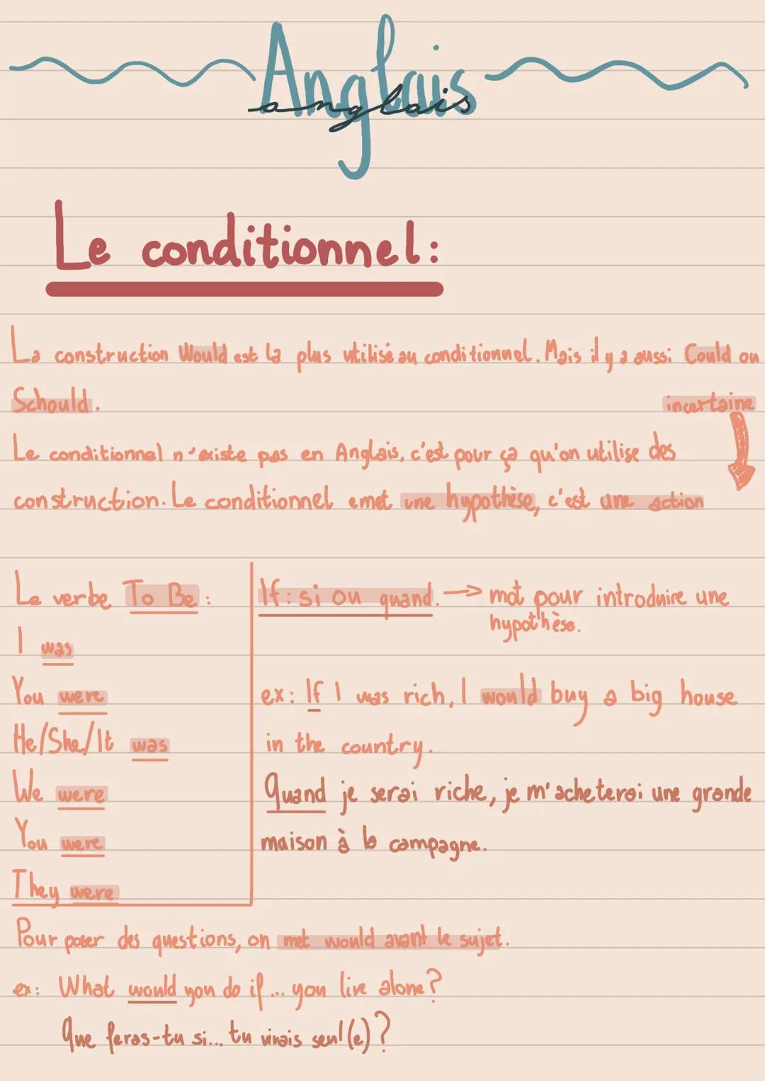 # Anglais
Le conditionnel:
La construction Would est la plus utilise au conditionnel. Mais il y a aus; Could on
Schould.
Le conditionnel n