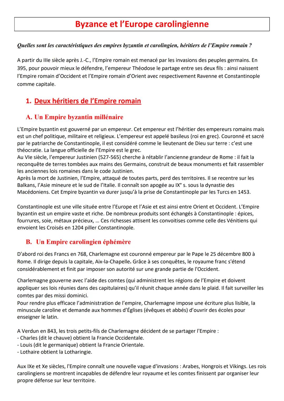 Byzance et l'Europe carolingienne
Quelles sont les caractéristiques des empires byzantin et carolingien, héritiers de l'Empire romain?
A par