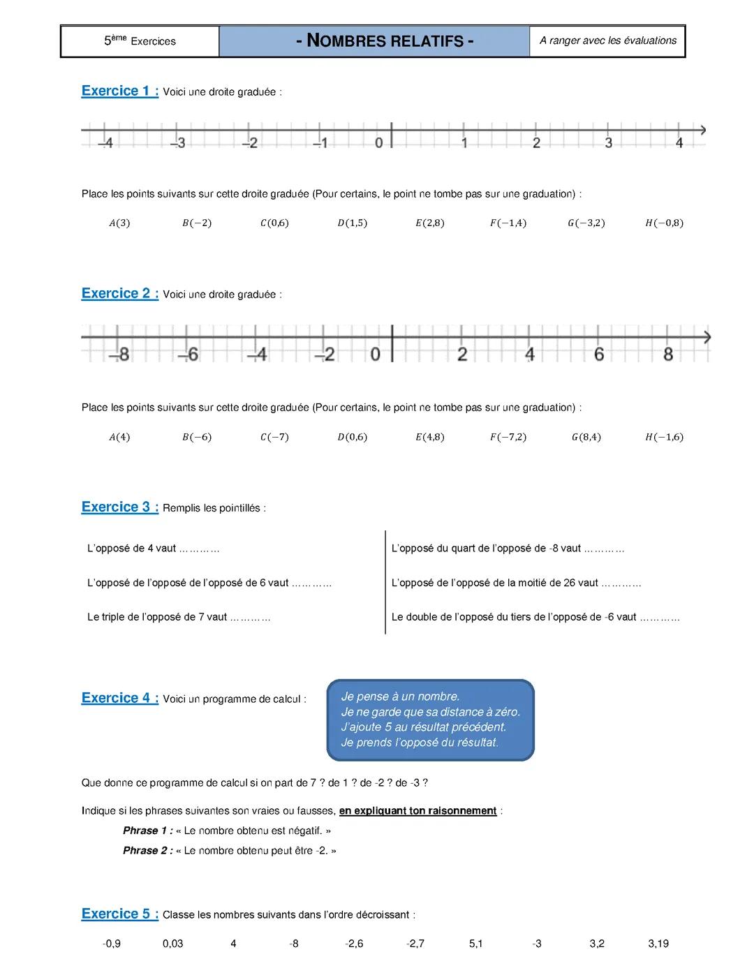 Ex sur les nombre relatifs 5e