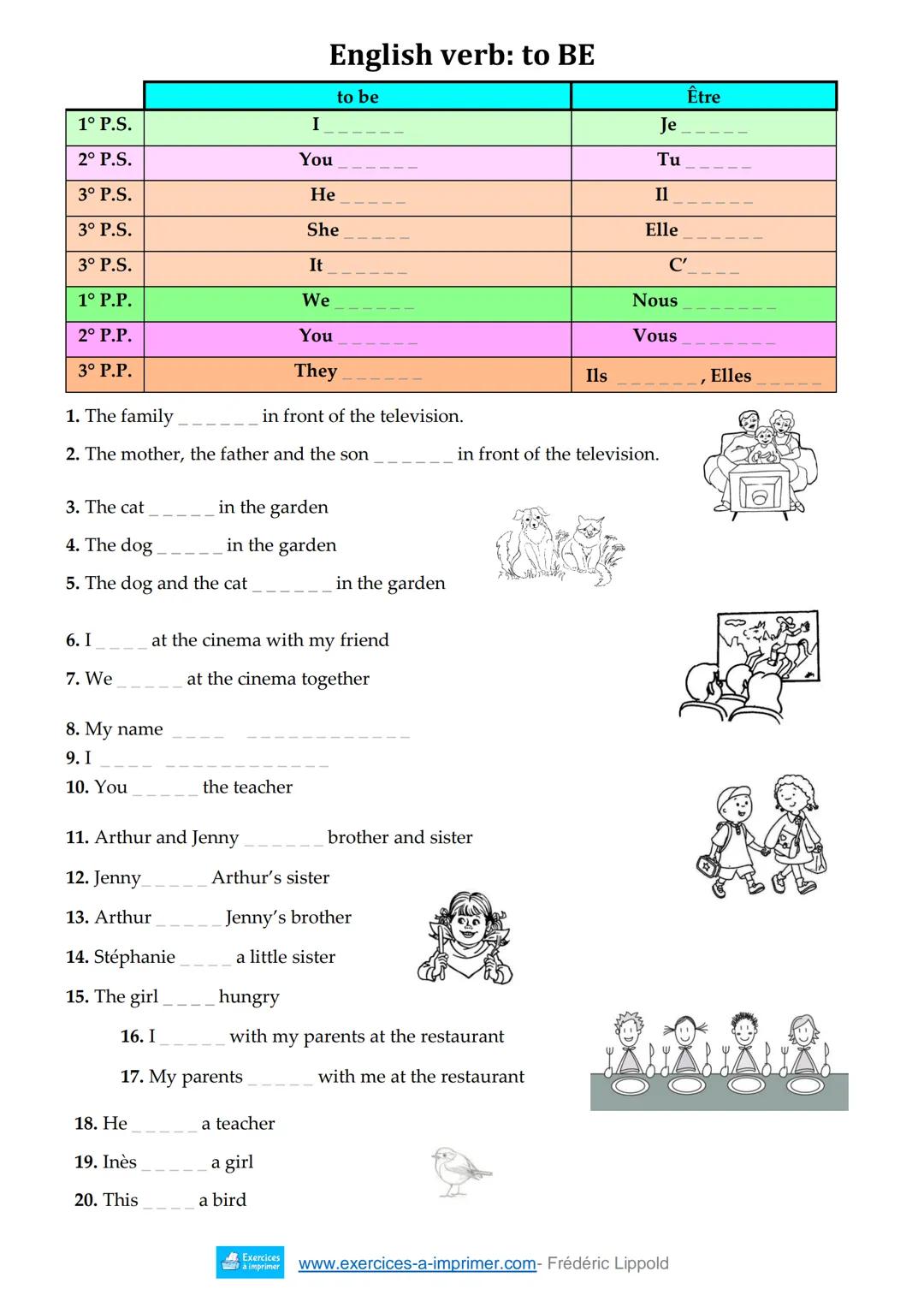English verb: to BE
to be | Être
--- | ---
1° P.S. | I | Je
2° P.S. | You | Tu
3° P.S. | He | II
3° P.S. | She | Elle
3° P.S. | It | C'
1°
