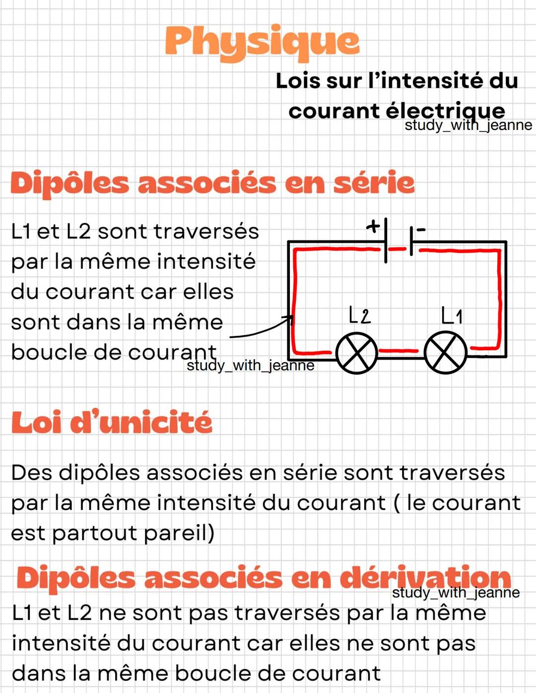 Physique
Lois sur l'intensité du
courant électrique
Dipôles associés en série
L1 et L2 sont traversés
par la même intensité
du courant car e