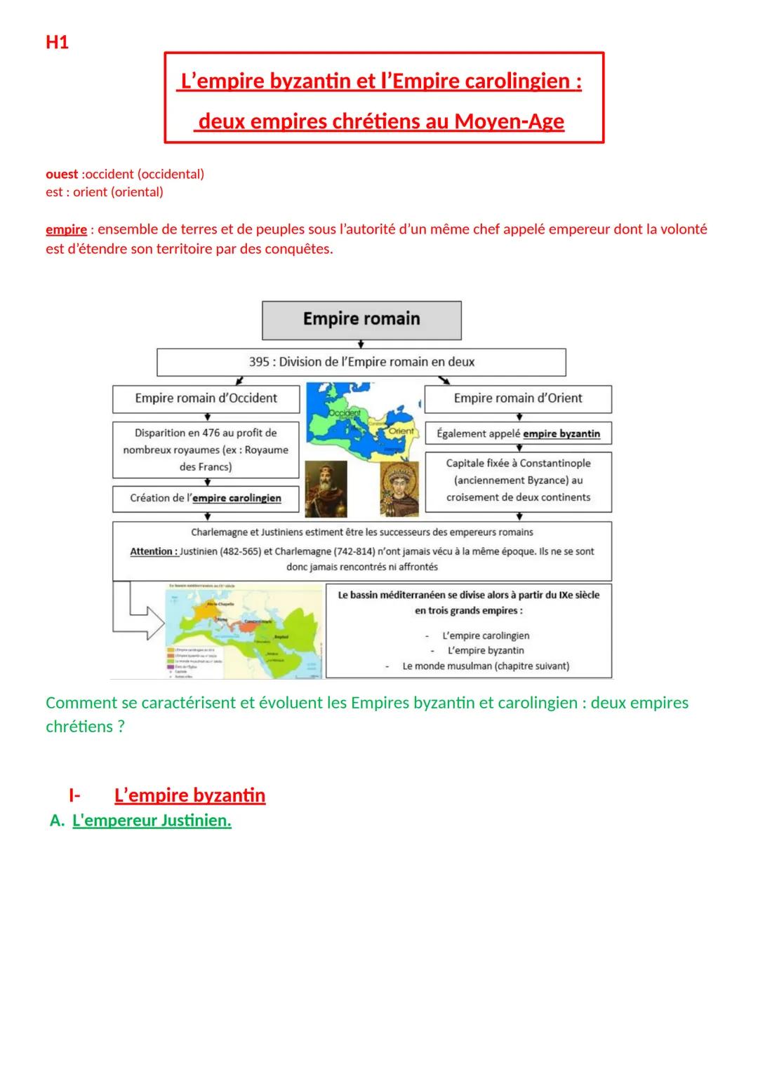 H1
L'empire byzantin et l'Empire carolingien :
deux empires chrétiens au Moyen-Age
ouest :occident (occidental)
est orient (oriental)
empire