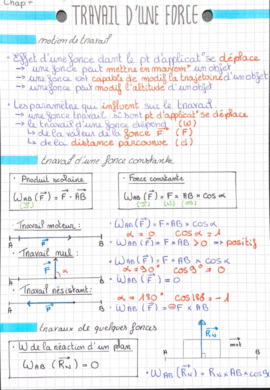 Chap+
# TRAVAIL D'UNE FORCE
motion de travail
• Effet d'une fonce dant le pt d'applicat se déplace
-> une Sonce peut mettre en mouvem un obj