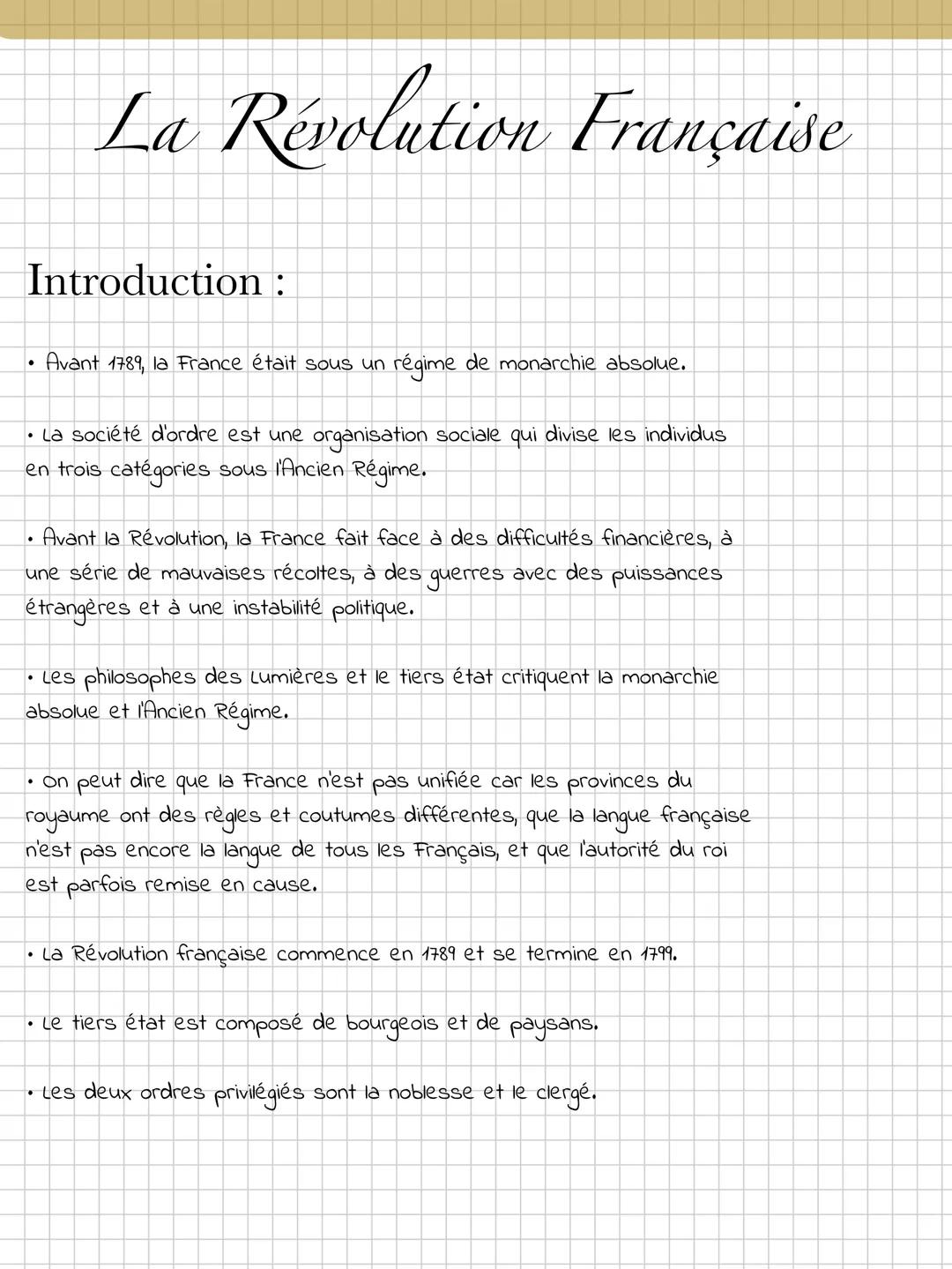 NOTEBOOK
La Révolution Française
Histoire La Révolution Française
Introduction:
•
Avant 1789, la France était sous un régime de monarchie ab