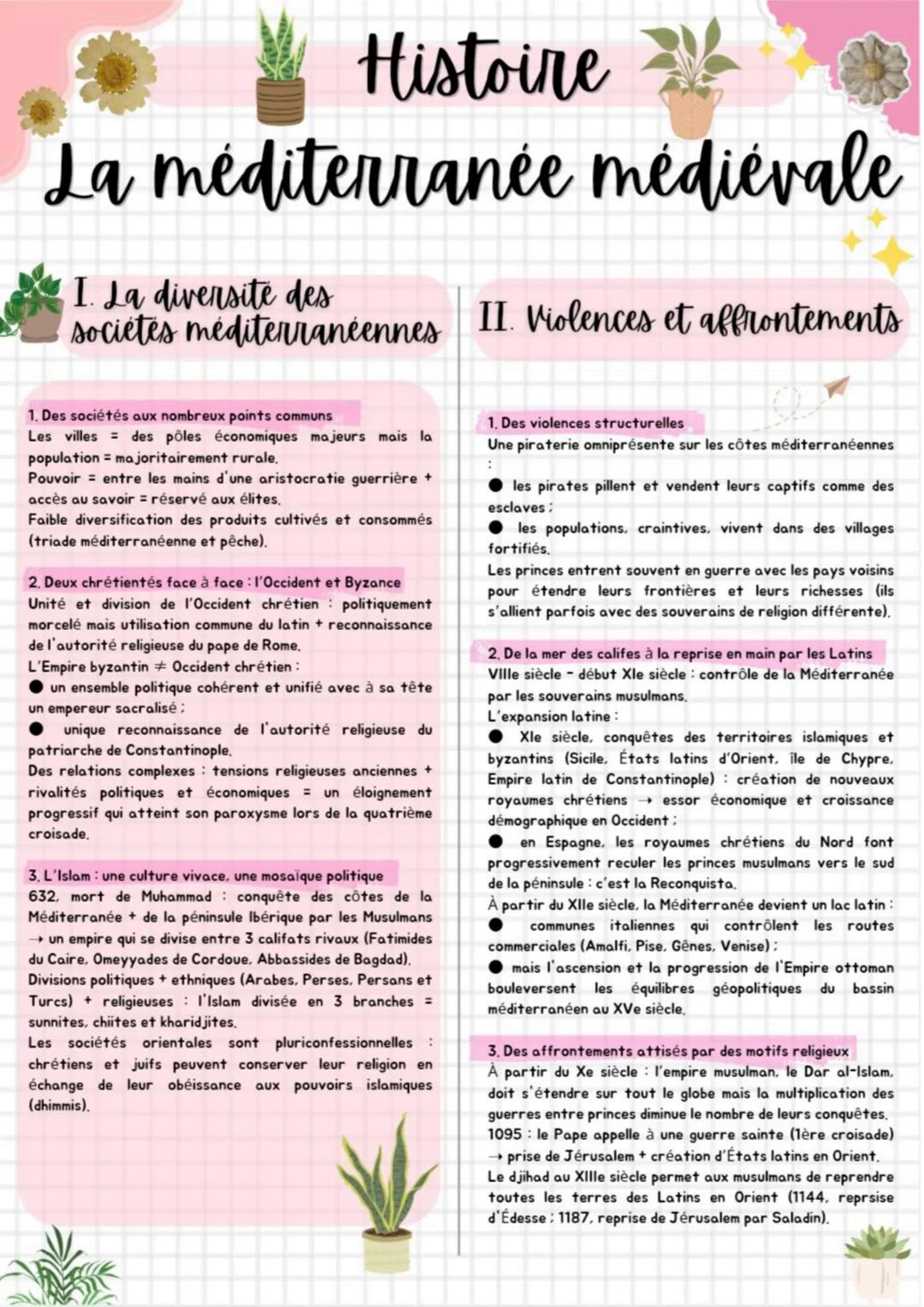 Histoire
La méditerranée médiévale
I. La diversite des
societes méditerranéennes
II. Violences et affrontements
1. Des sociétés aux nombreux