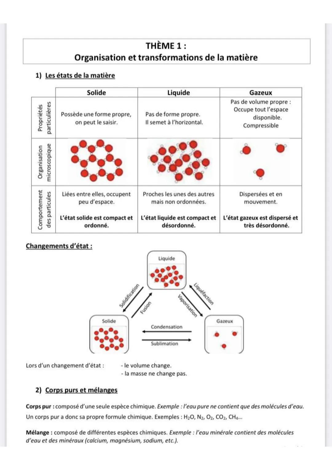 THÈME 1 :
Organisation et transformations de la matière
1) Les états de la matière
Solide
Comportement
des particules
Organisation
Propriété