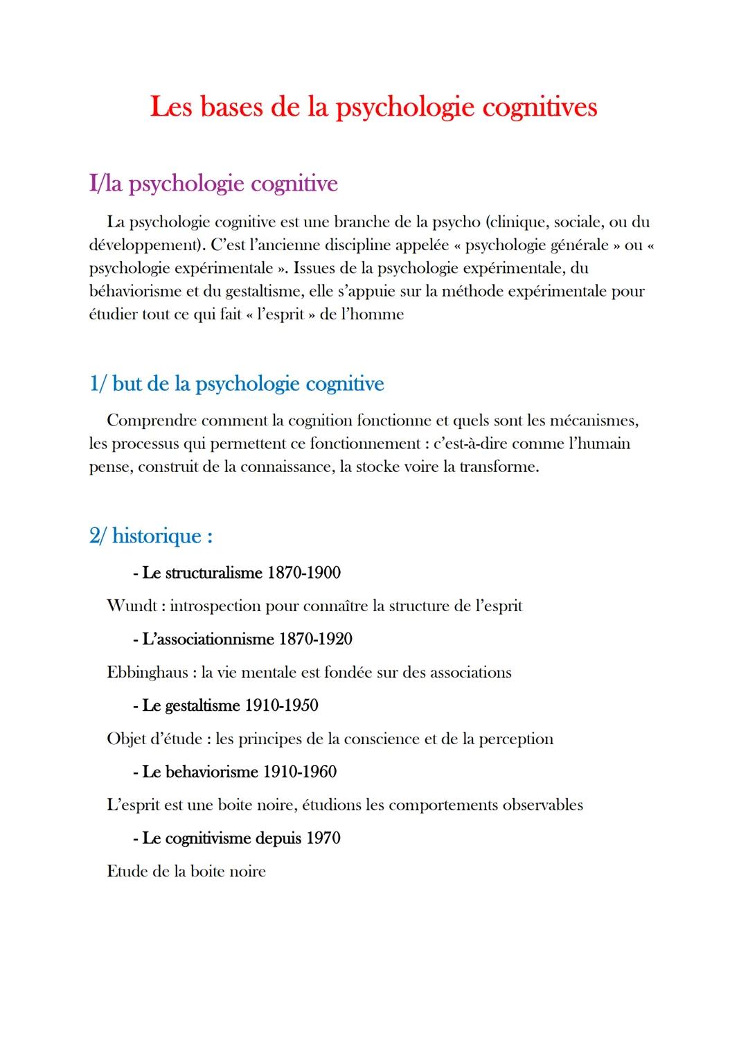 Les bases de la psychologie cognitives
I/la psychologie cognitive
La psychologie cognitive est une branche de la psycho (clinique, sociale,