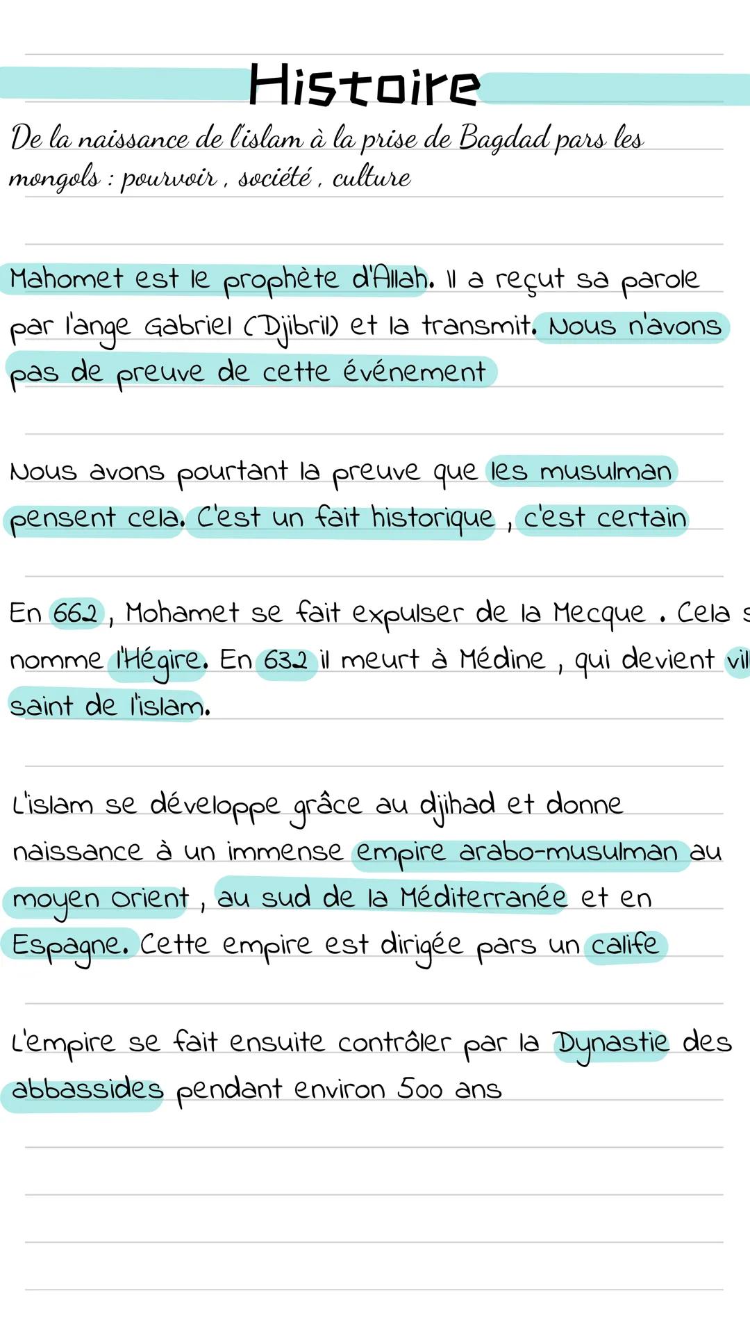 Histoire
De la naissance de l'islam à la prise de Bagdad pars les
mongols : pourvoir, société, culture
Mahomet est le prophète d'Allah. Il a